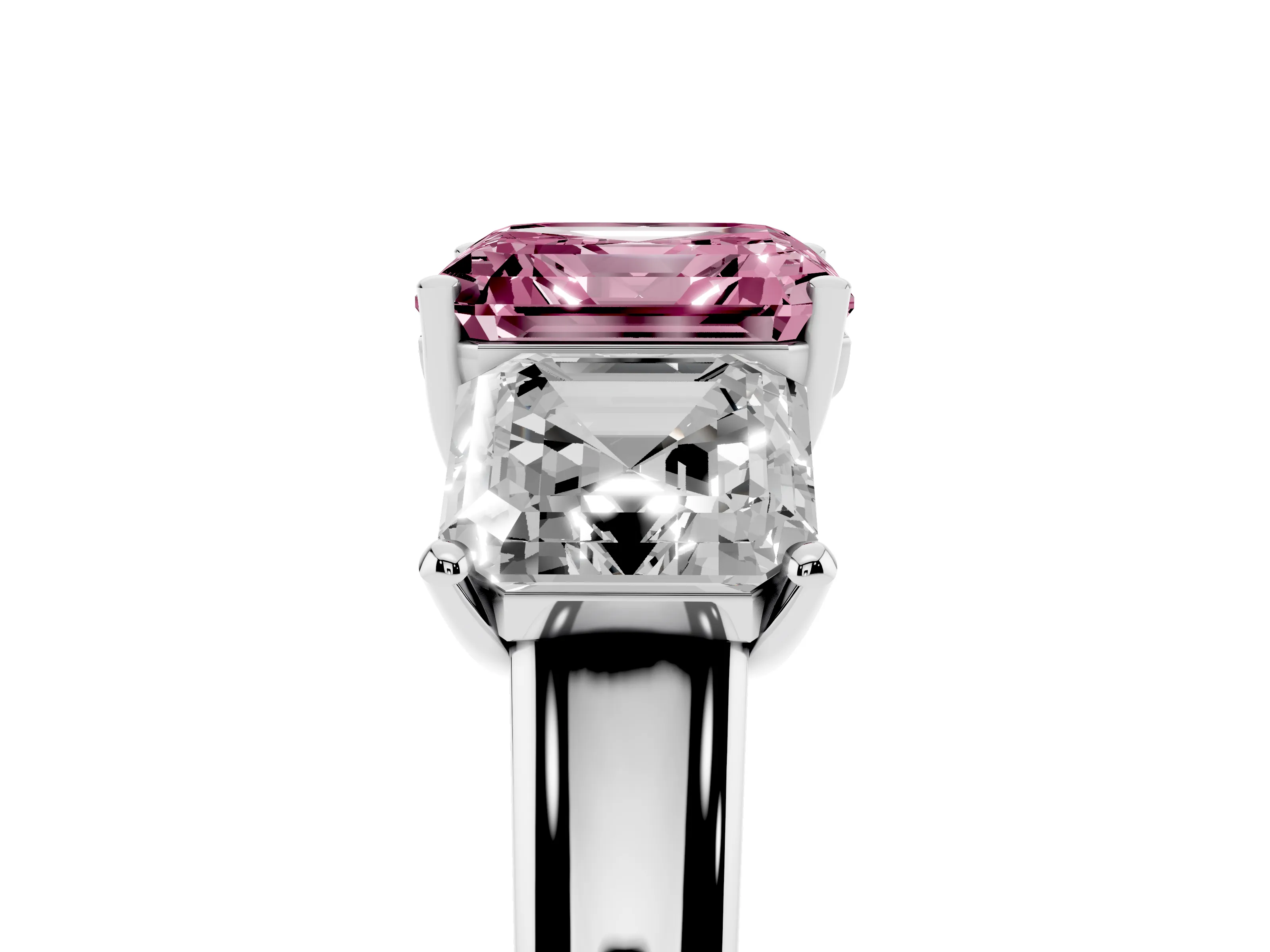 Fancy Pink Asscher Cut Diamond Three-Stone Ring Set in Platinum with Classic Prong Setting and Plain Band