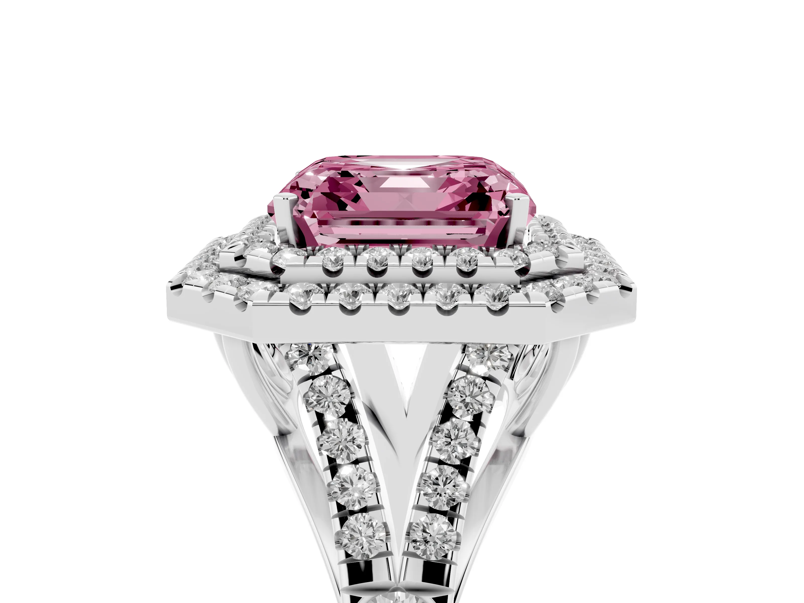 Fancy Pink Asscher Cut Diamond Pavé Split Shank Double Halo Engagement Ring Set in Silver