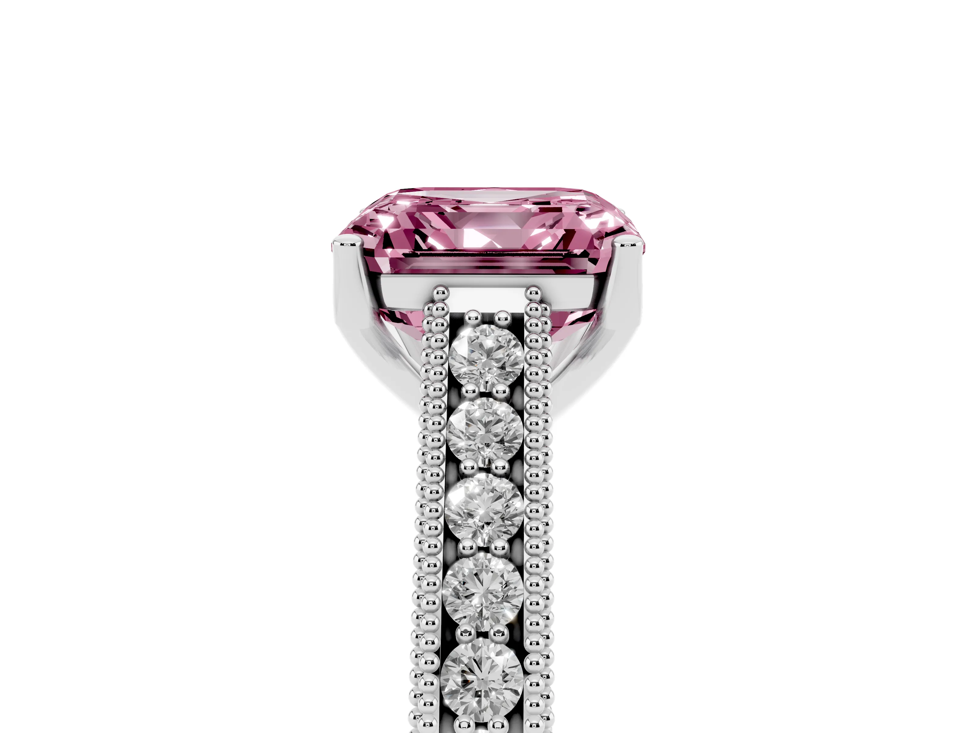 Fancy Pink Asscher Cut Diamond Milgrain Pavé Band Solitaire Ring Set in White gold with Prong Setting