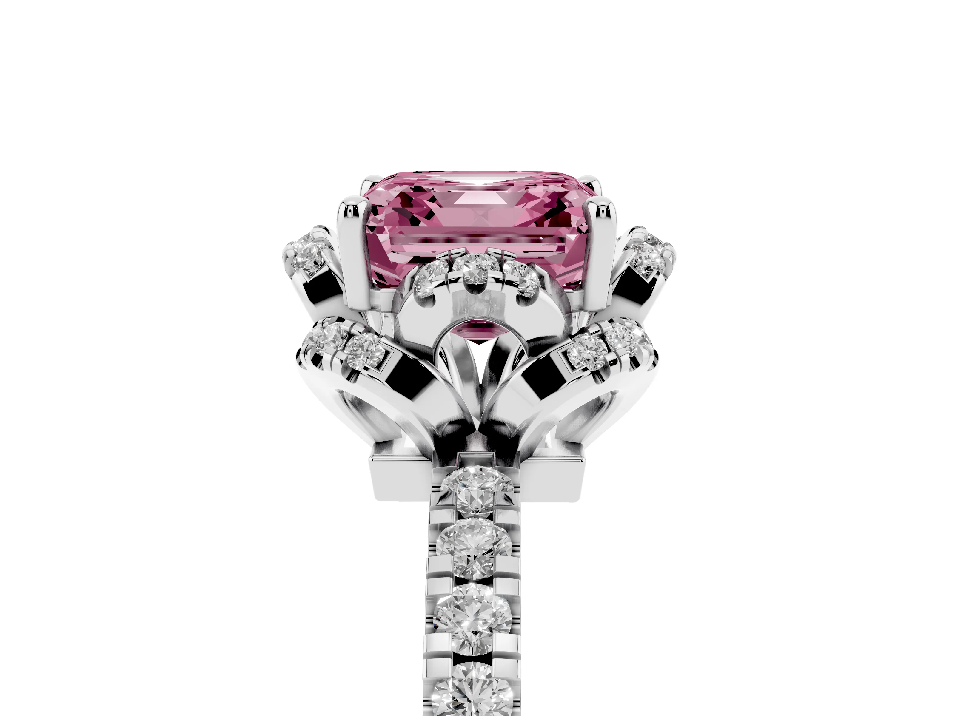 Fancy Pink Asscher Cut Diamond Halo Pavé Ring Set in White gold with Prong-Held Center Stone