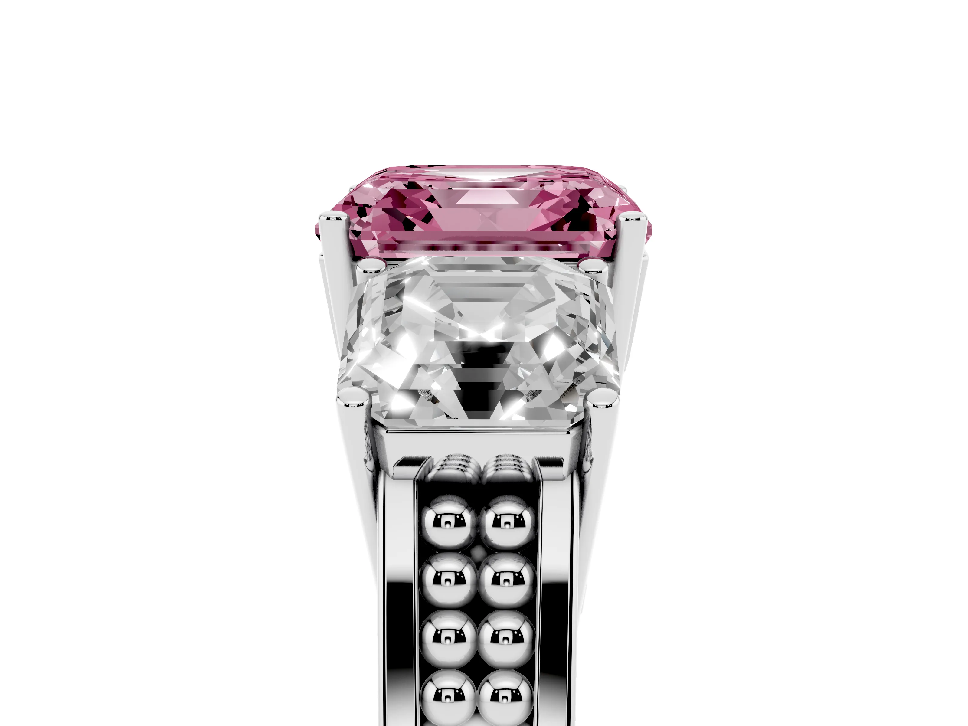 Fancy Pink Asscher Cut Diamond Three-Stone Ring Set in White gold with Textured Band