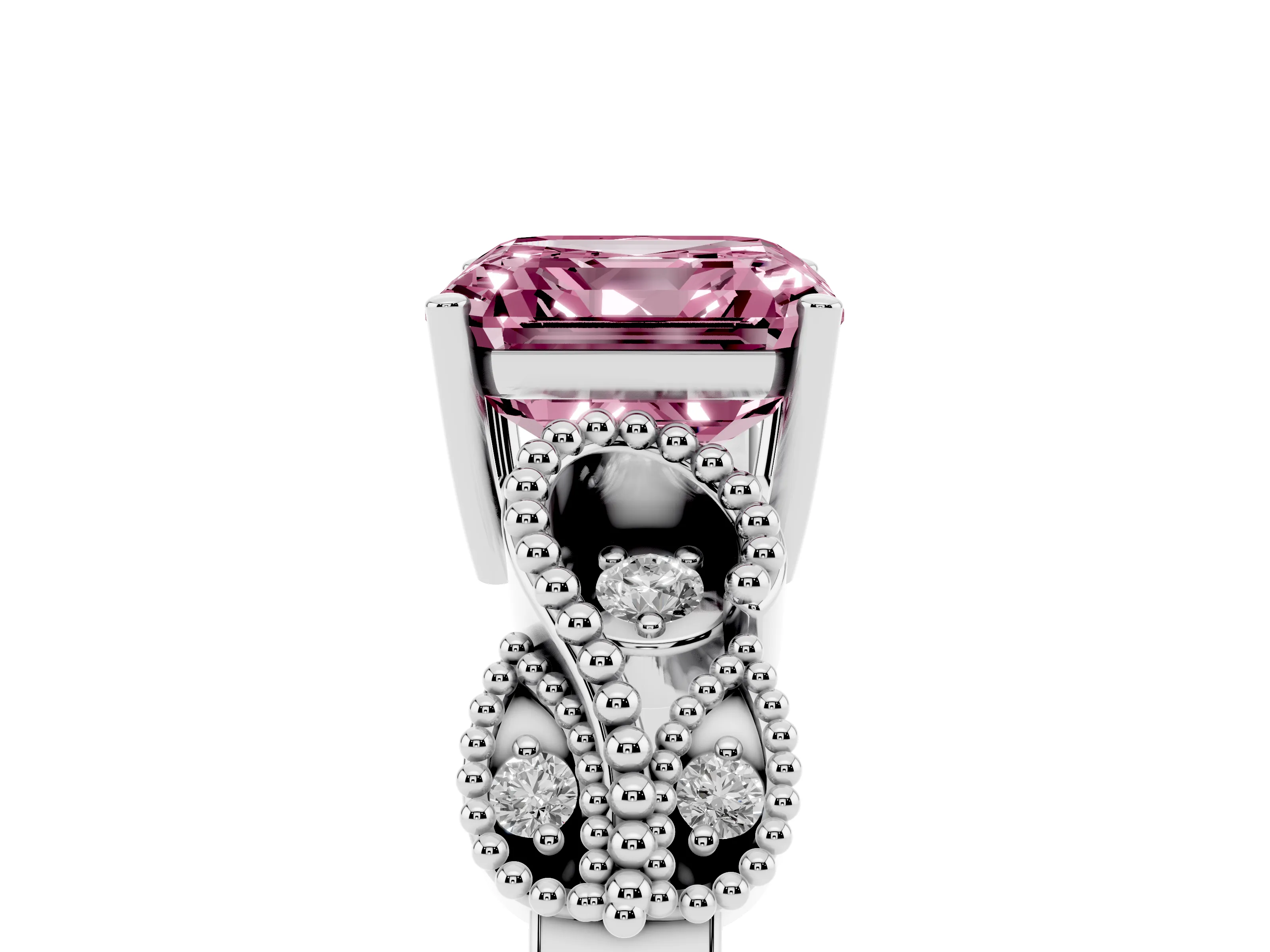 Fancy Pink Asscher Cut Diamond Milgrain Leaf Band Solitaire Ring Set in White gold with Accent Stones and Prong Setting