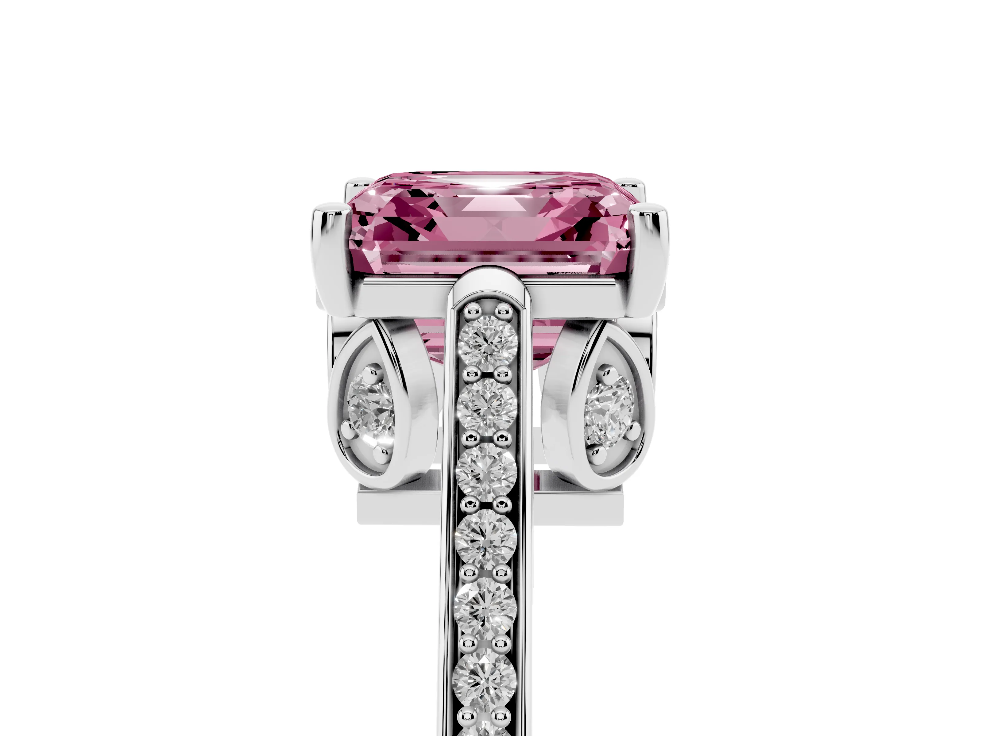 Fancy Pink Asscher Cut Diamond Cathedral Pavé Engagement Ring Set in Silver with Prong Setting