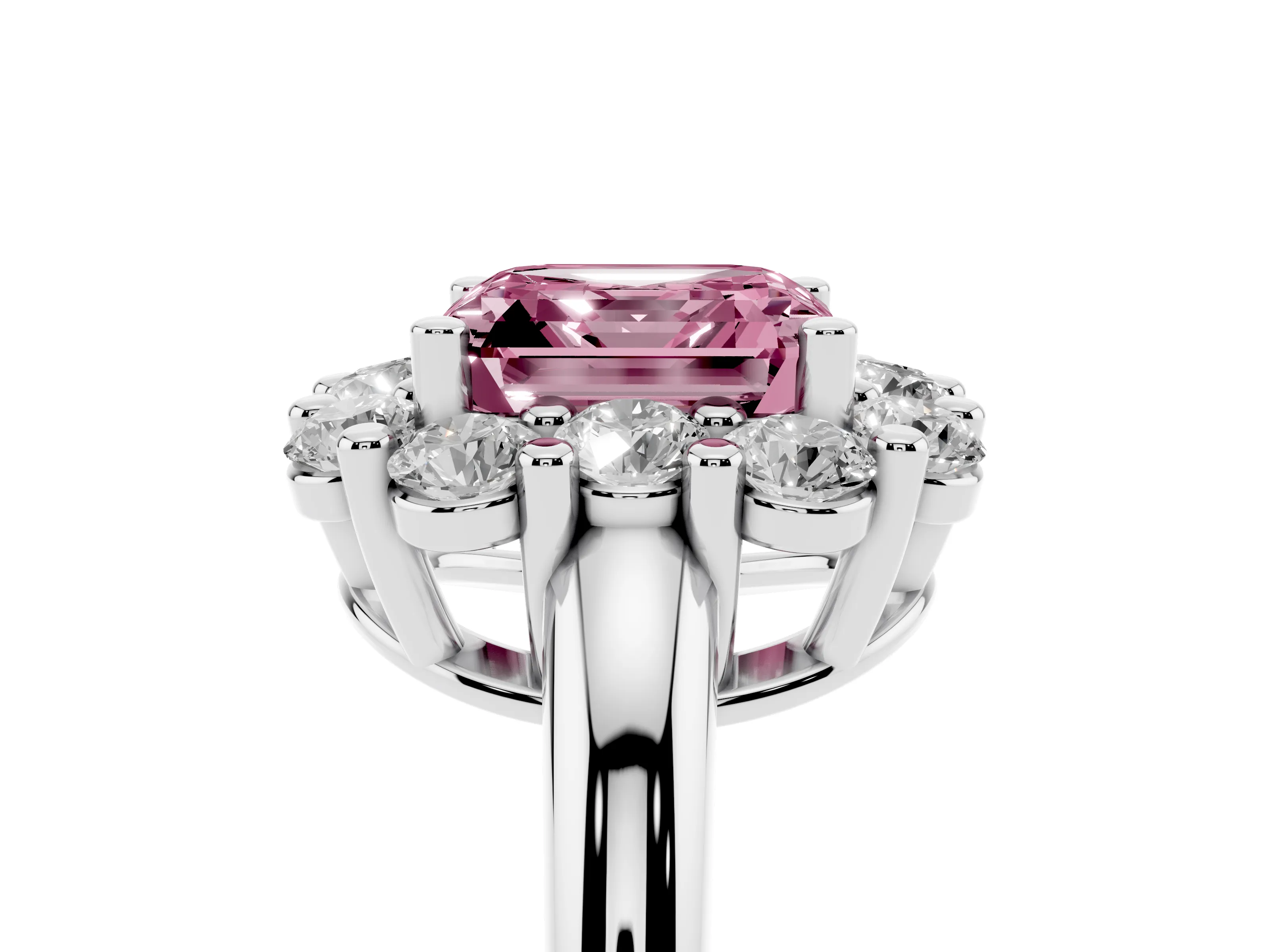 Fancy Pink Asscher Cut Diamond Halo Cluster Engagement Ring Set in White gold with Polished Band and Prong Setting
