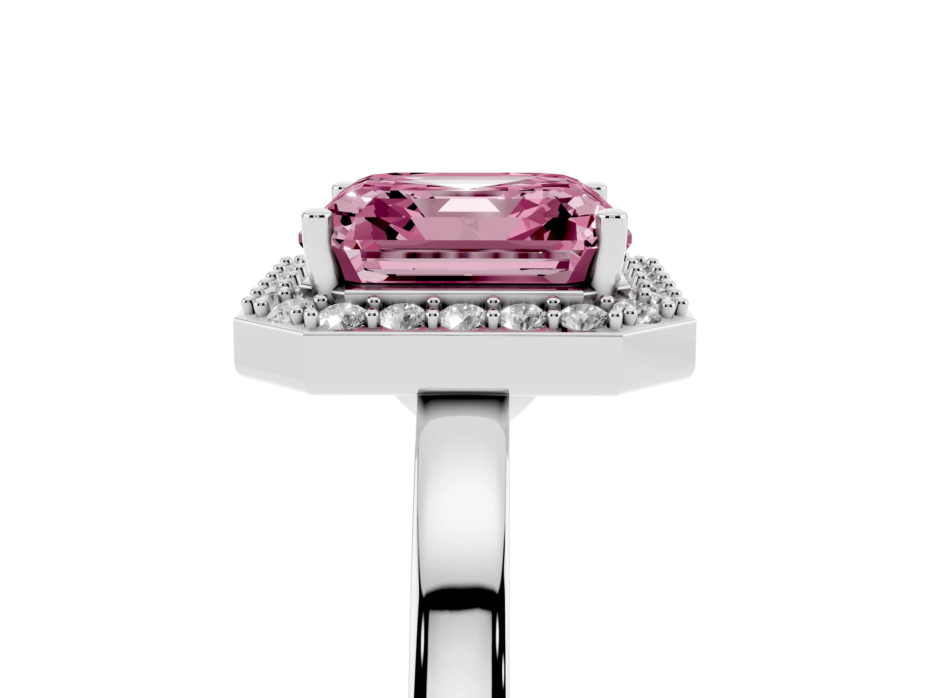 Fancy Pink Asscher Cut Diamond Halo Ring Set in Platinum with Solitaire Band and Prong Setting
