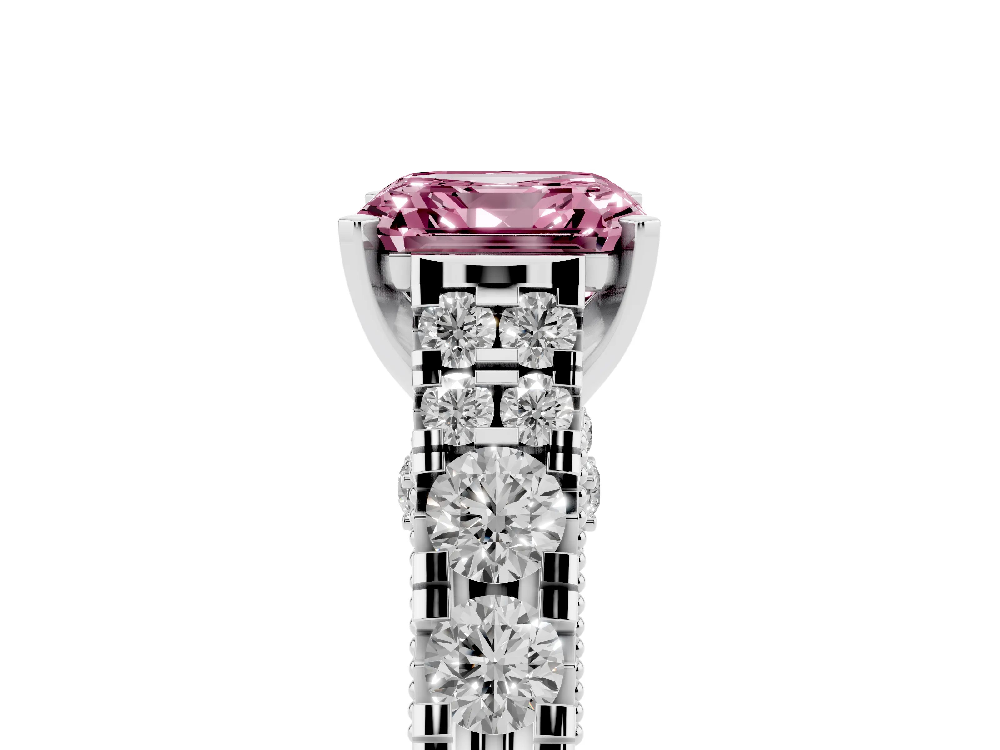 Fancy Pink Asscher Cut Diamond Classic Solitaire Ring Set in Platinum with Pavé Band and Prong Setting