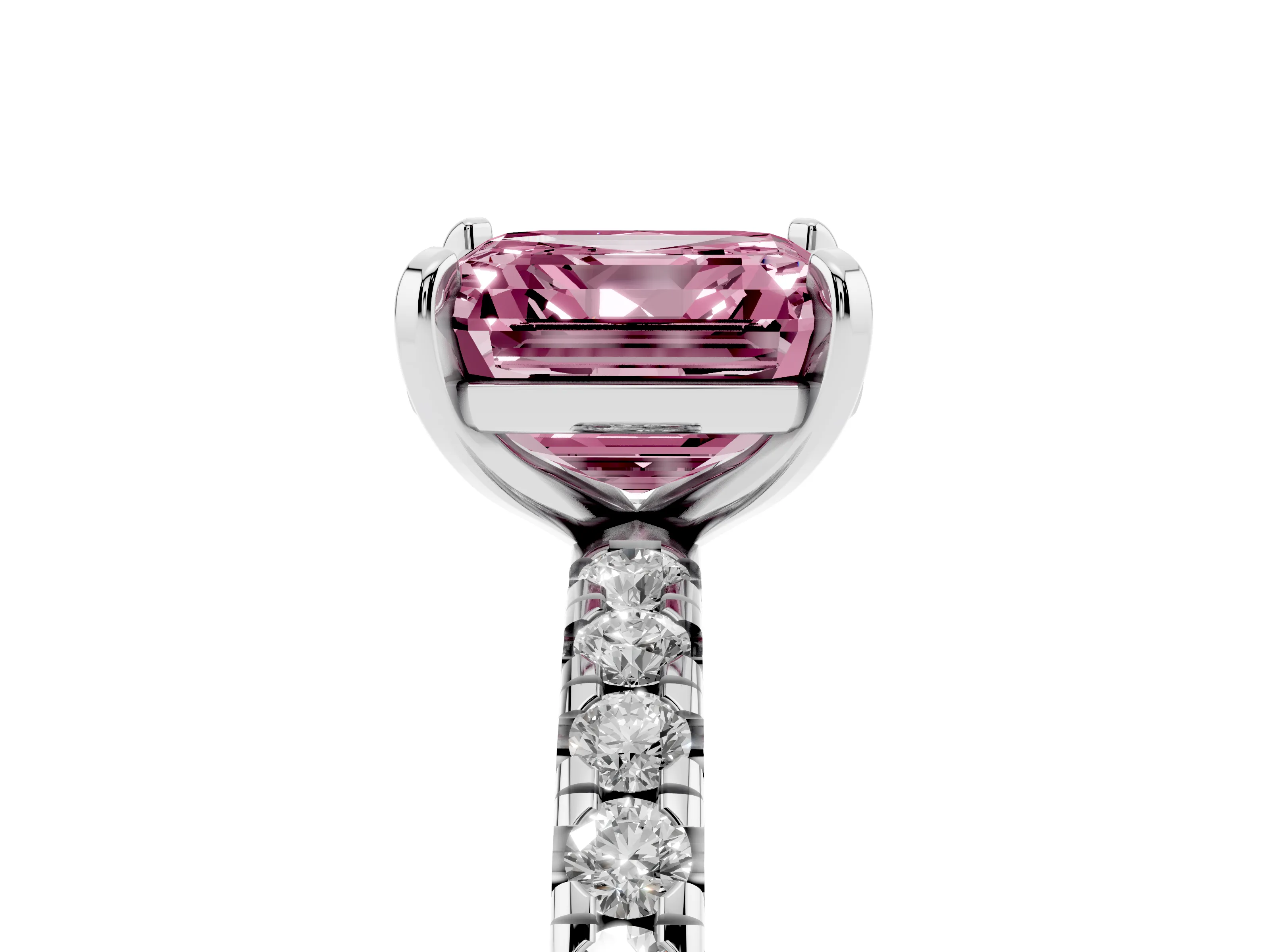 Fancy Pink Asscher Cut Diamond Pavé Solitaire Ring Set in Silver with Round Band and Prong Setting