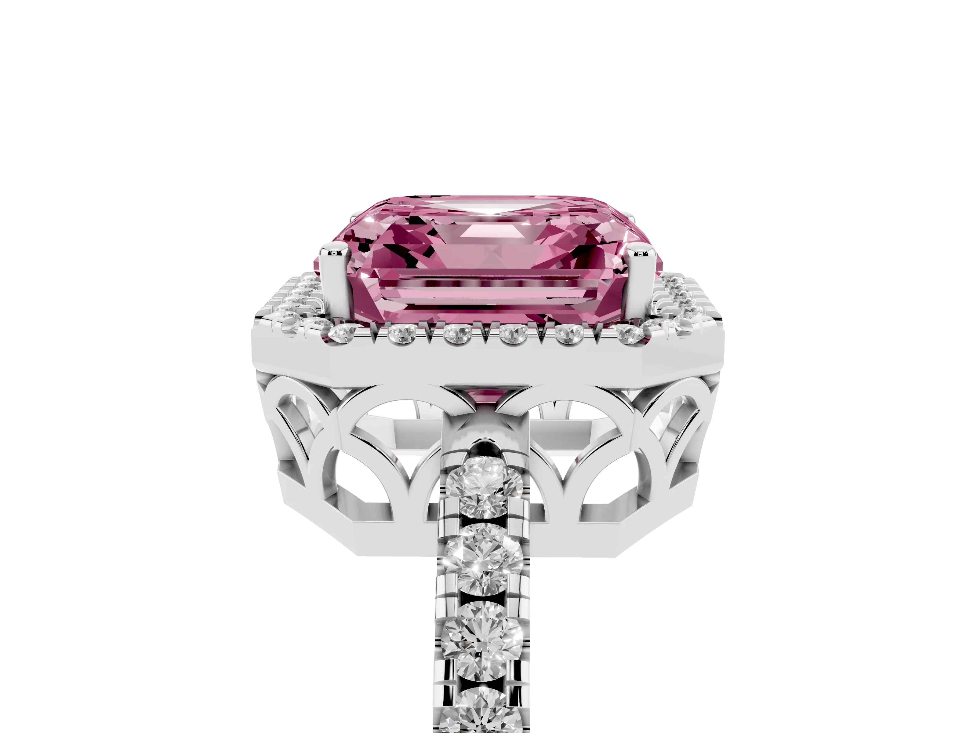 Fancy Pink Asscher Cut Diamond Pavé Band Halo Engagement Ring Set in White gold with Prong Setting