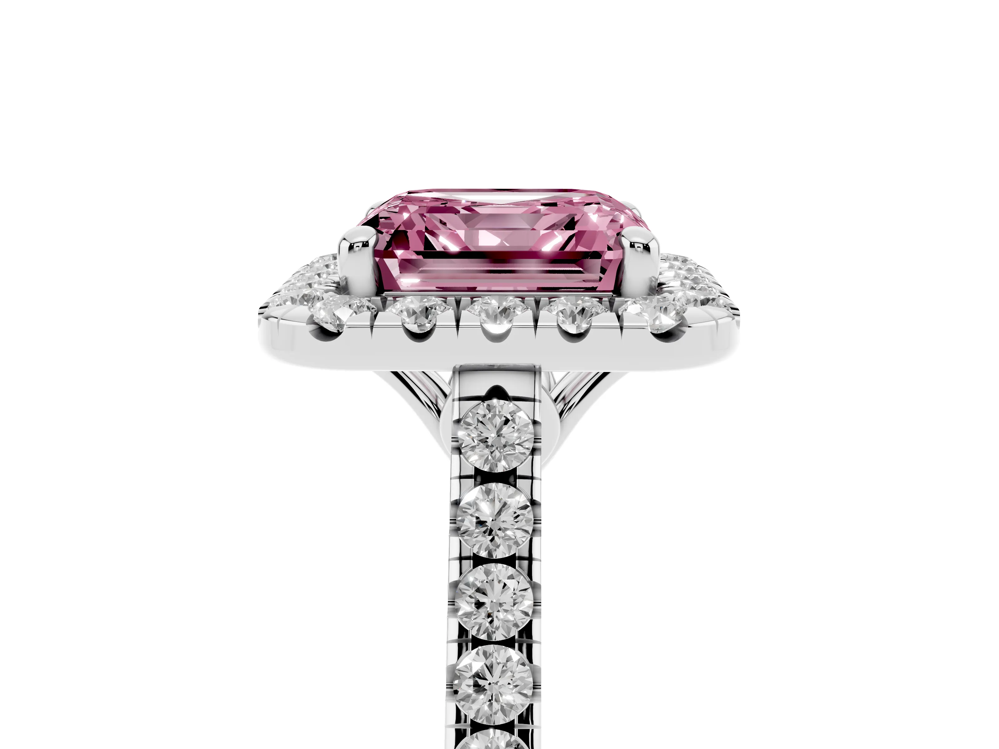Fancy Pink Asscher Cut Diamond Pavé Halo Engagement Ring Set in White gold with Pavé Band and Prong Setting