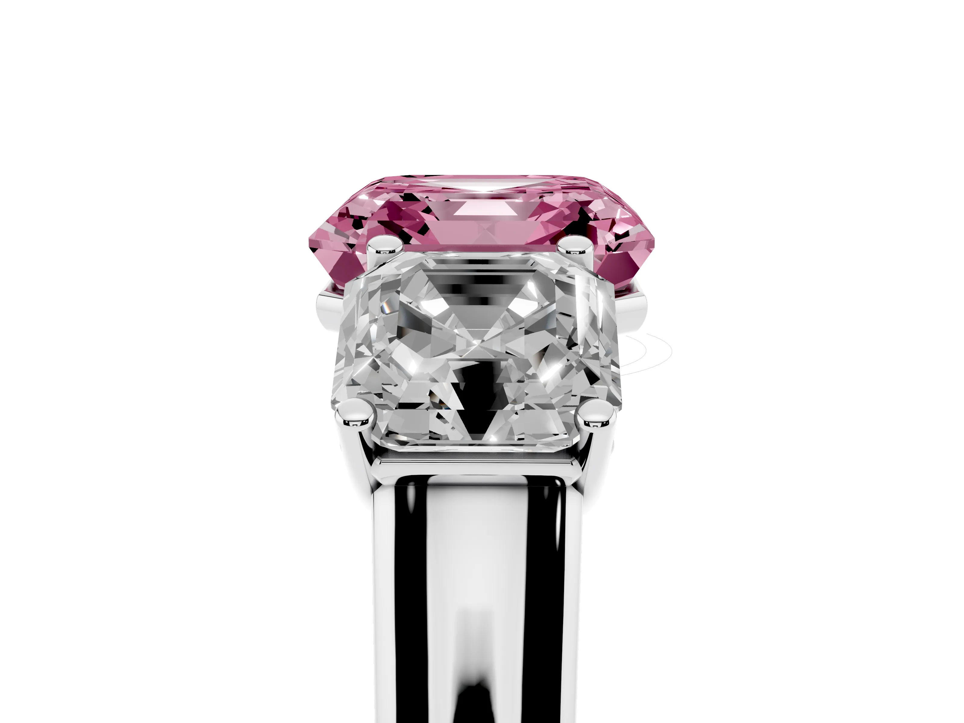 Fancy Pink Asscher Cut Diamond Three-Stone Ring Set in White gold with Plain Polished Band