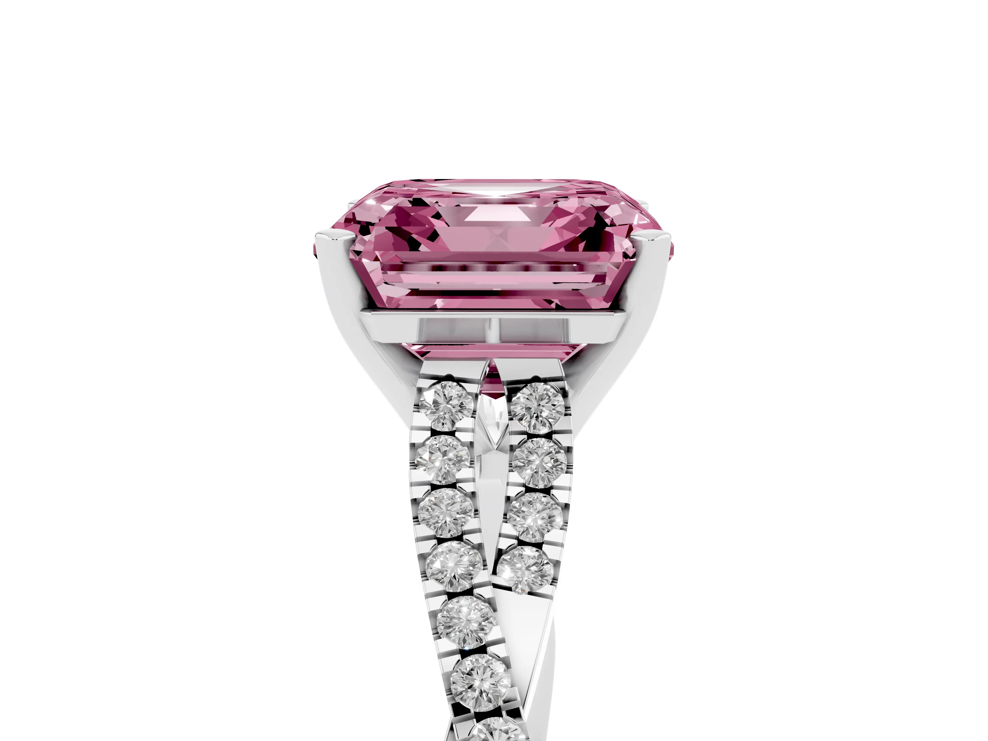 Fancy Pink Asscher Cut Diamond Solitaire Engagement Ring Set in White gold with Twisted Pavé Band and Prong Setting