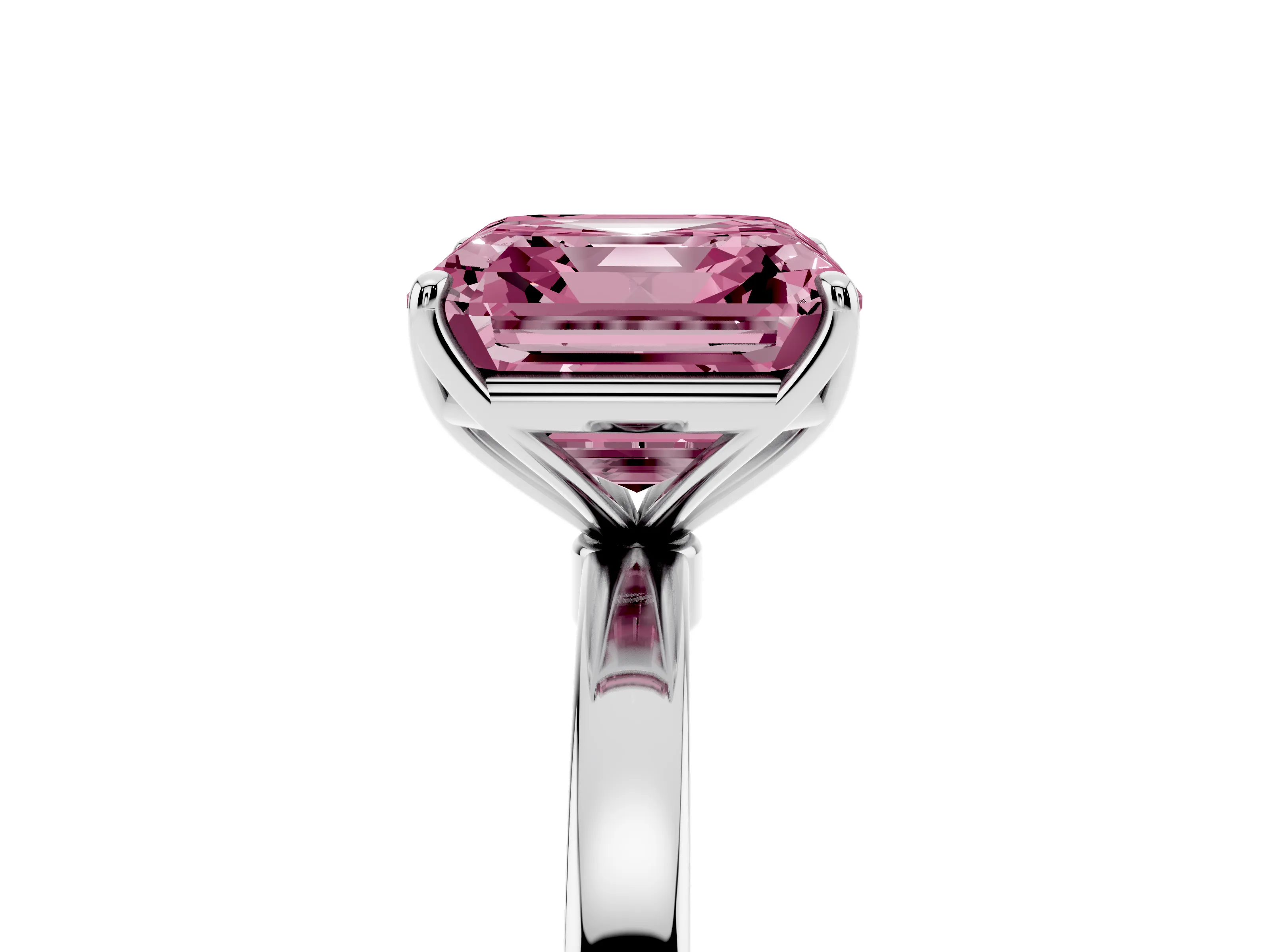 Fancy Pink Asscher Cut Diamond Solitaire Ring Set in Platinum with Prong Setting and Thin Polished Band