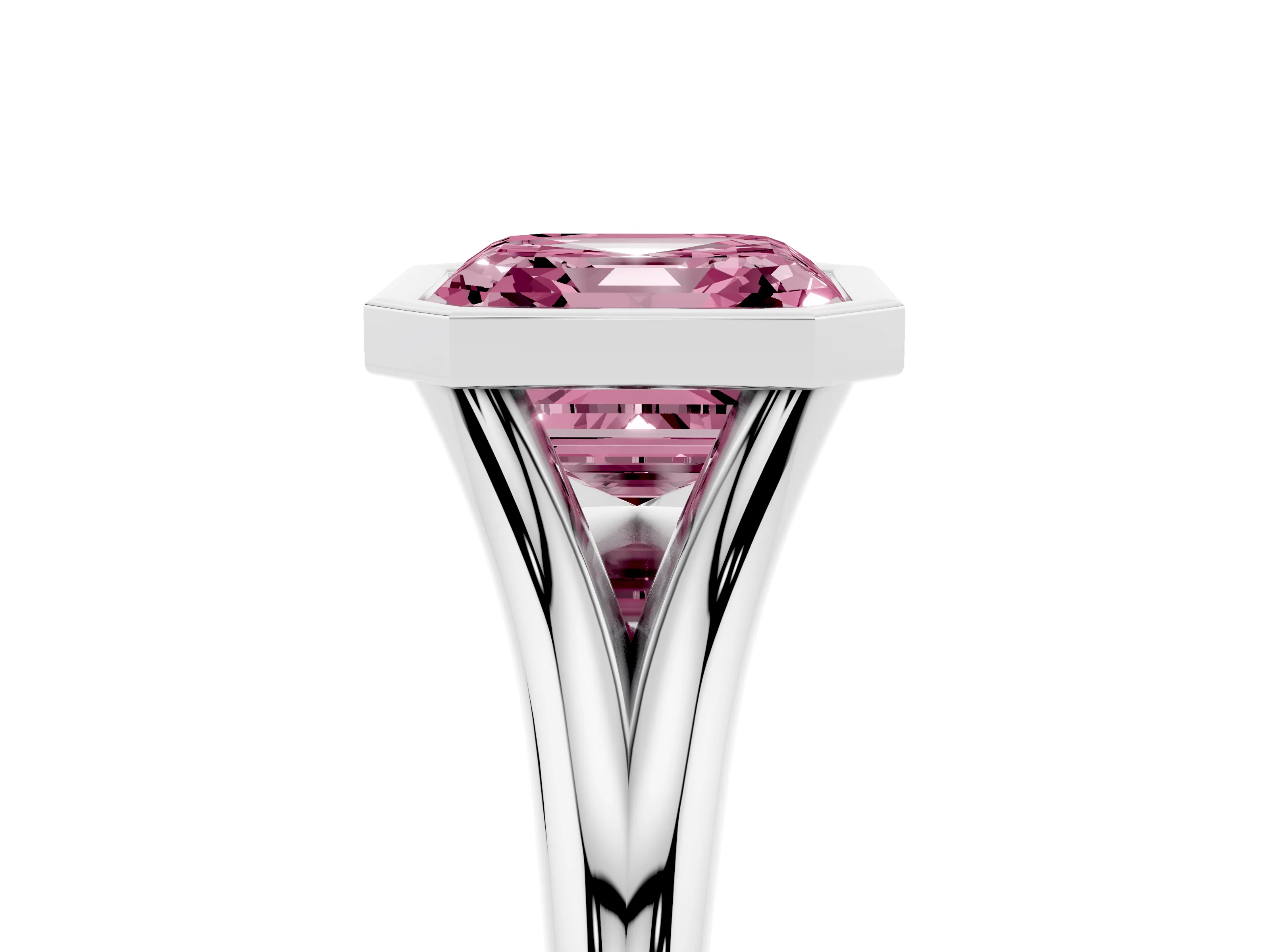 Fancy Pink Bezel Set Asscher Cut Diamond Solitaire Ring Set in Platinum with Tapered Band