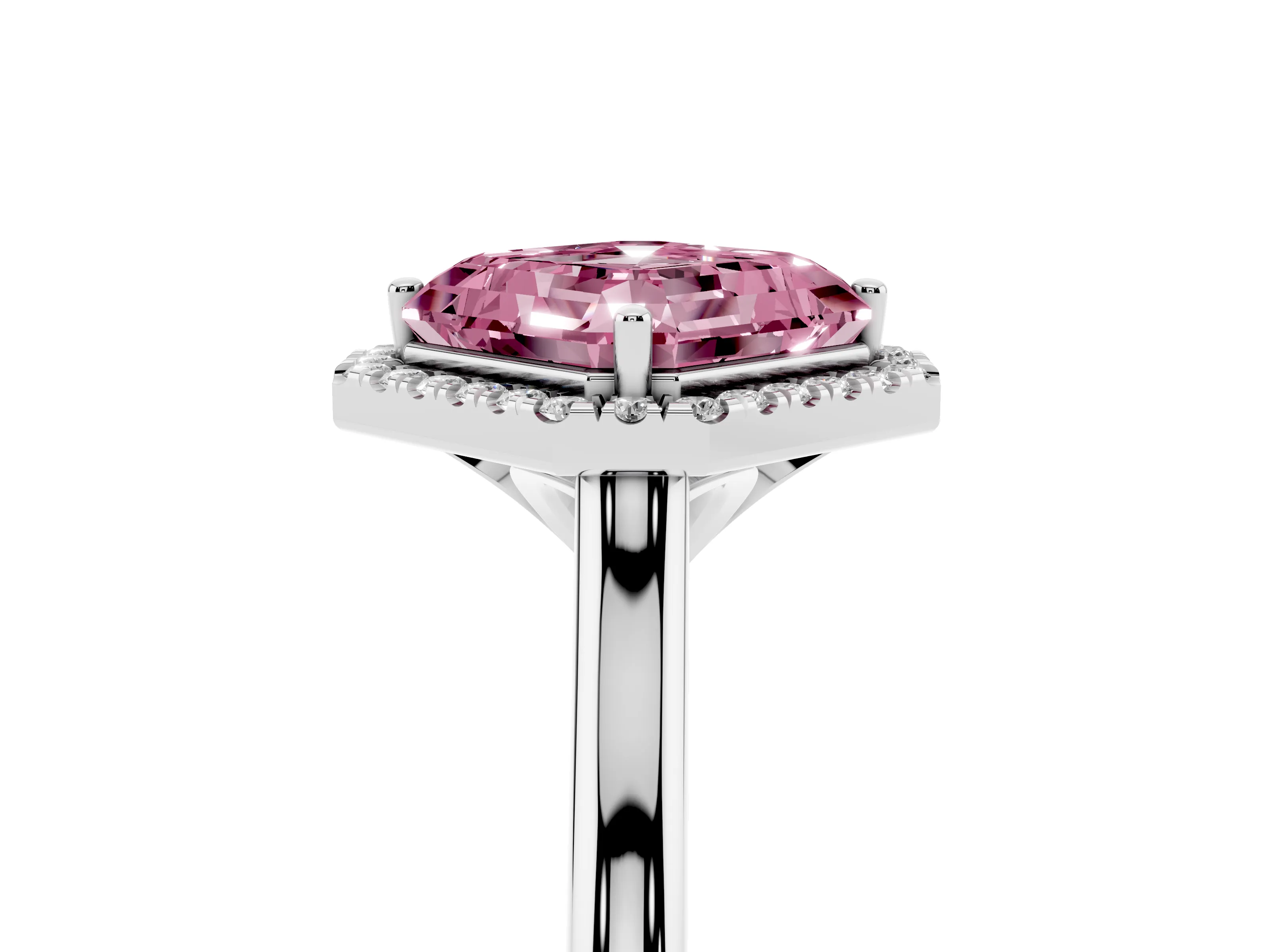Fancy Pink Asscher Cut Diamond Halo Engagement Ring Set in White gold with Pavé Band and Rising Shoulders