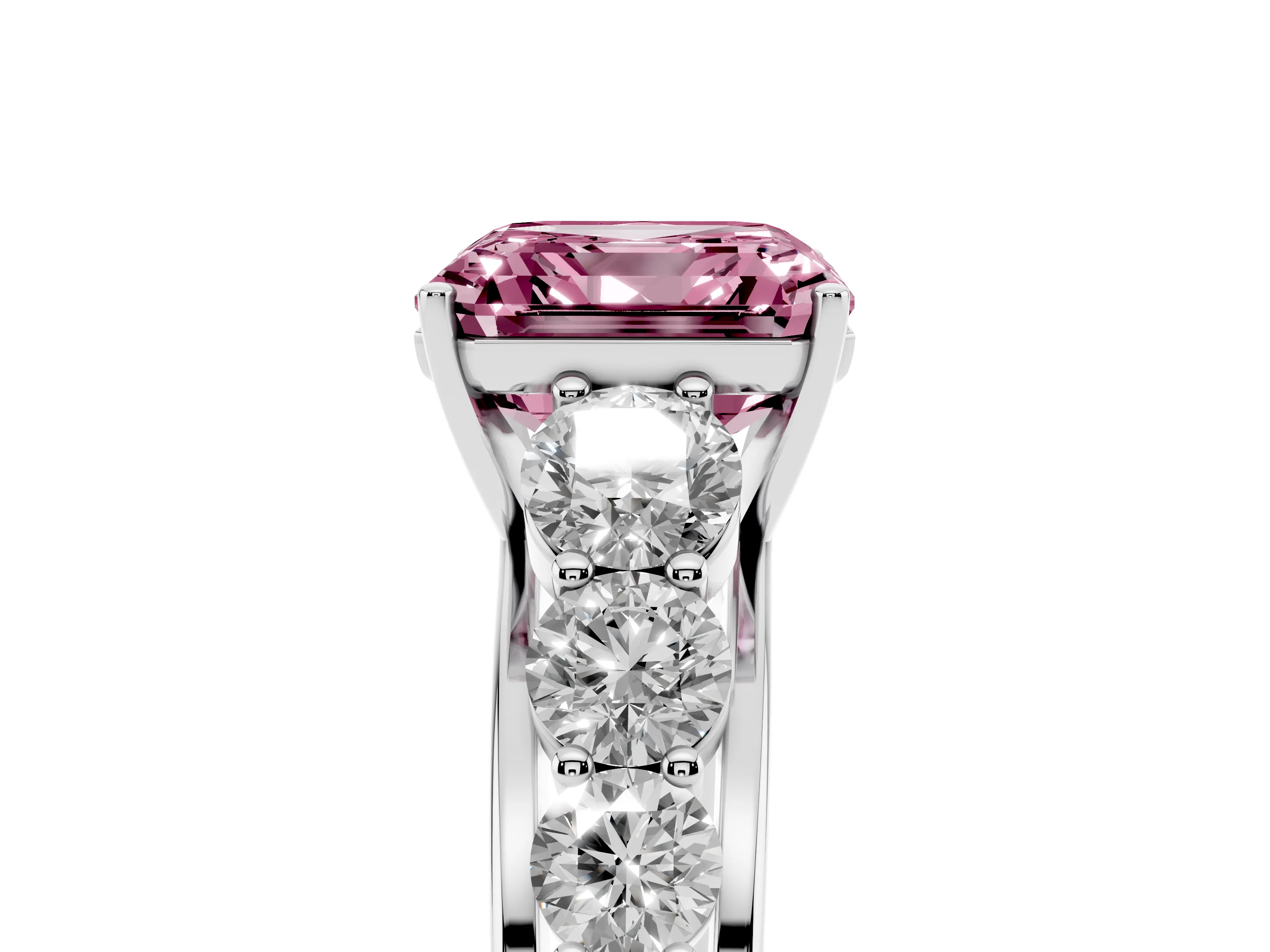 Fancy Pink Asscher Cut Diamond Solitaire Ring Set in White gold with Pavé-Set Band and Prong Setting