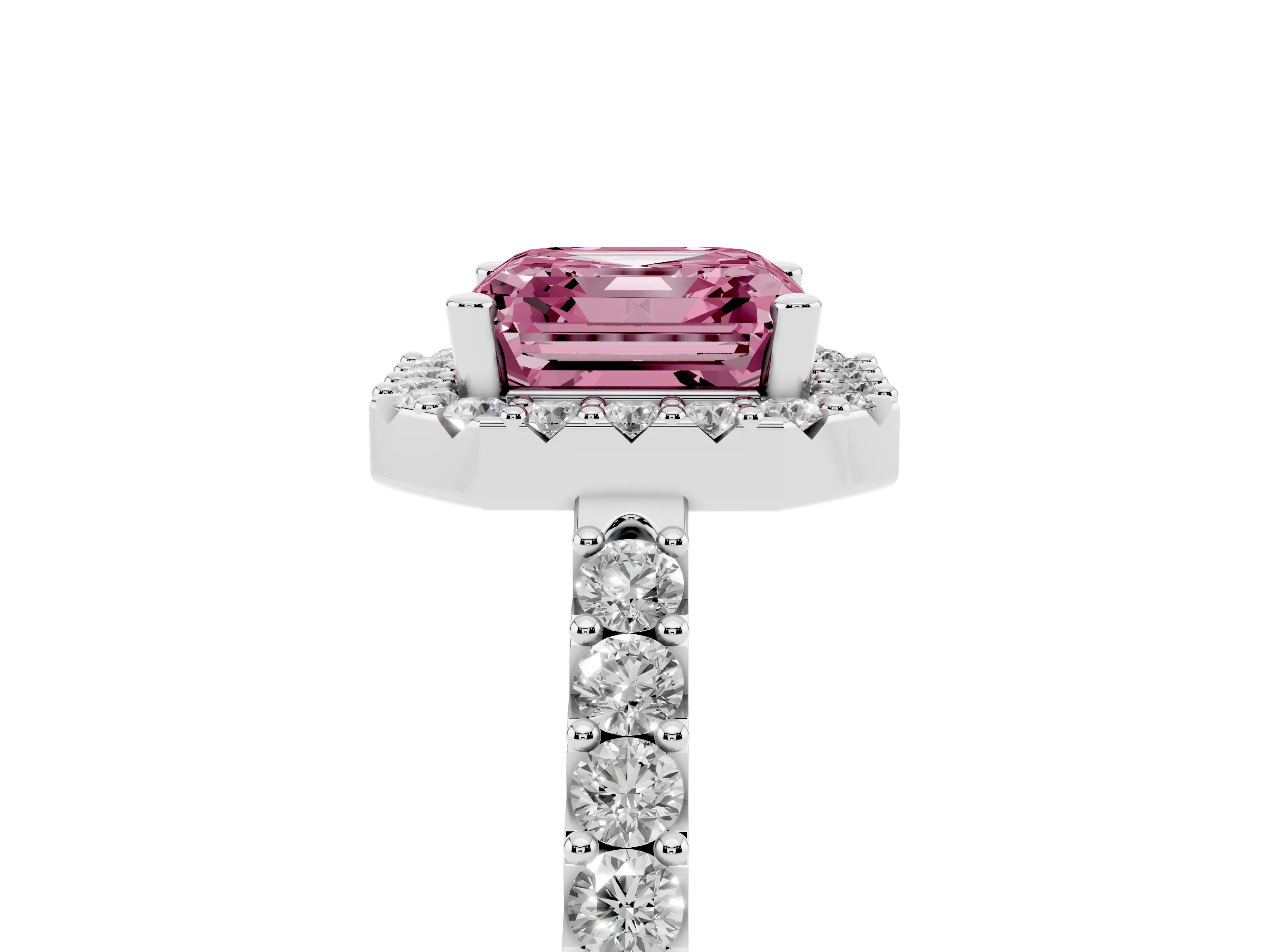 Fancy Pink Asscher Cut Diamond Halo Pavé Solitaire Ring Set in Platinum with Prong-Set Center Stone