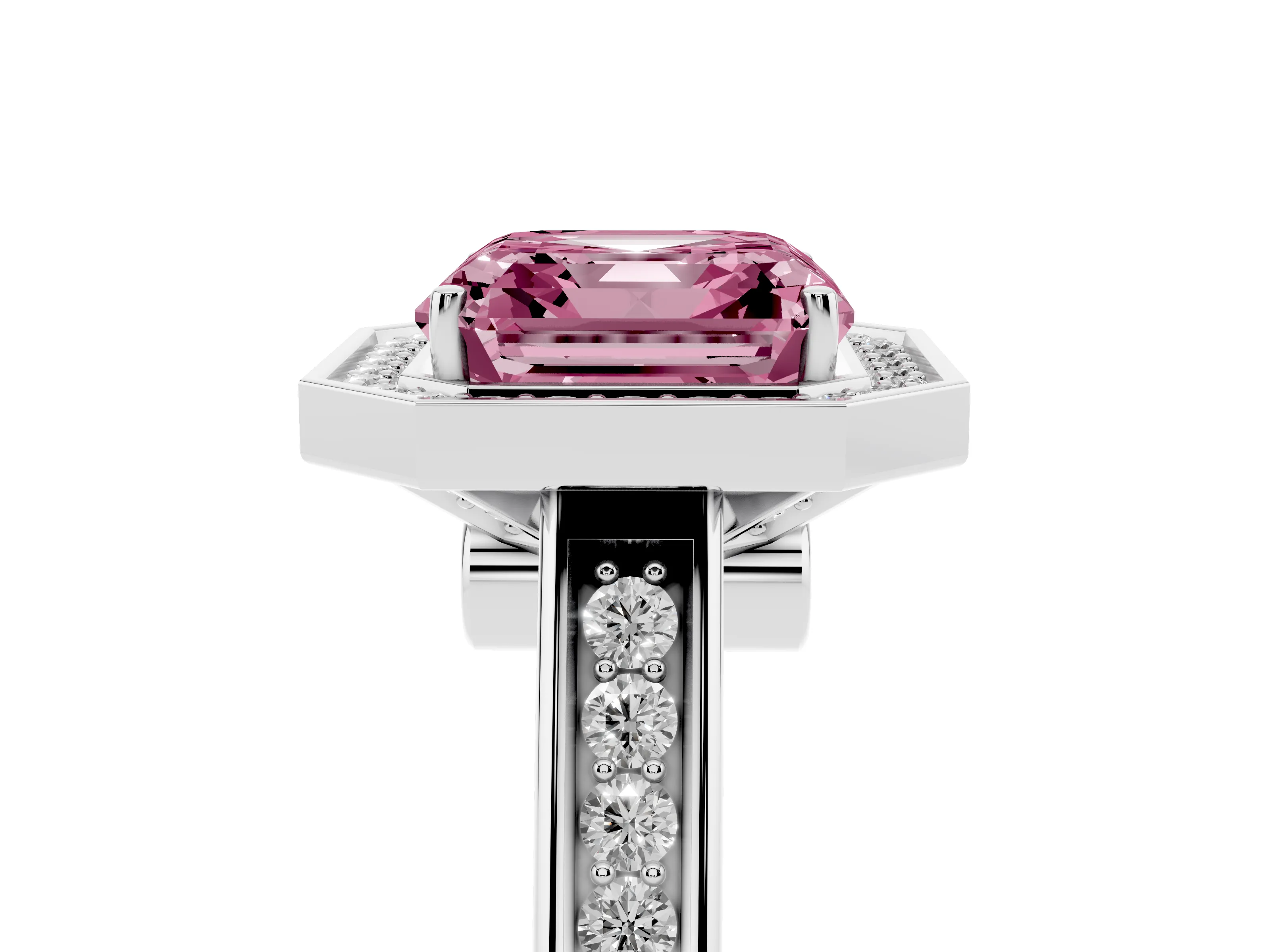 Fancy Pink Asscher Cut Diamond Halo Solitaire Ring Set in Platinum with Pavé Band and Bezel Setting
