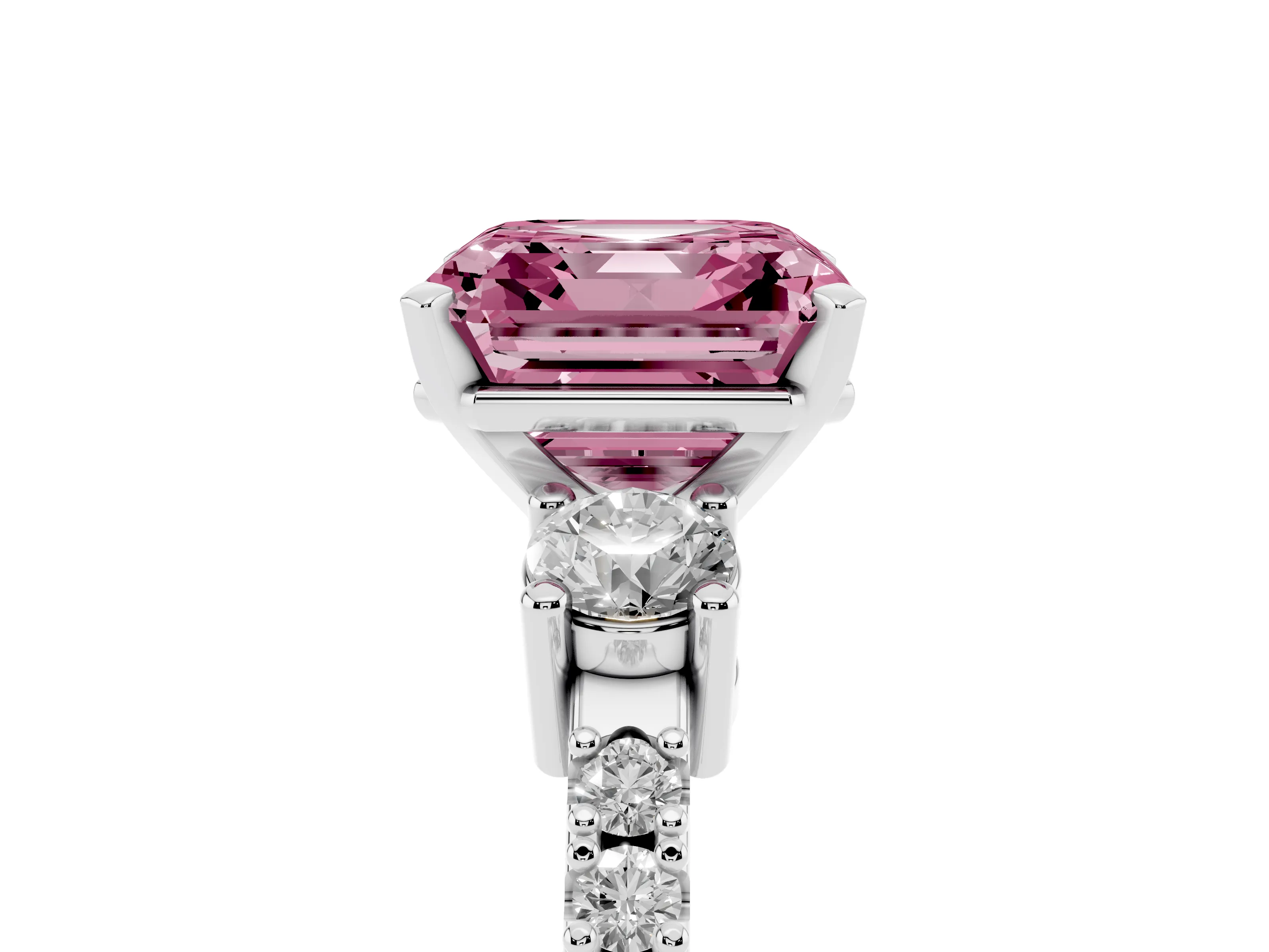 Fancy Pink Three-Stone Asscher Cut Diamond Pavé Band Ring Set in Platinum with Prong Setting