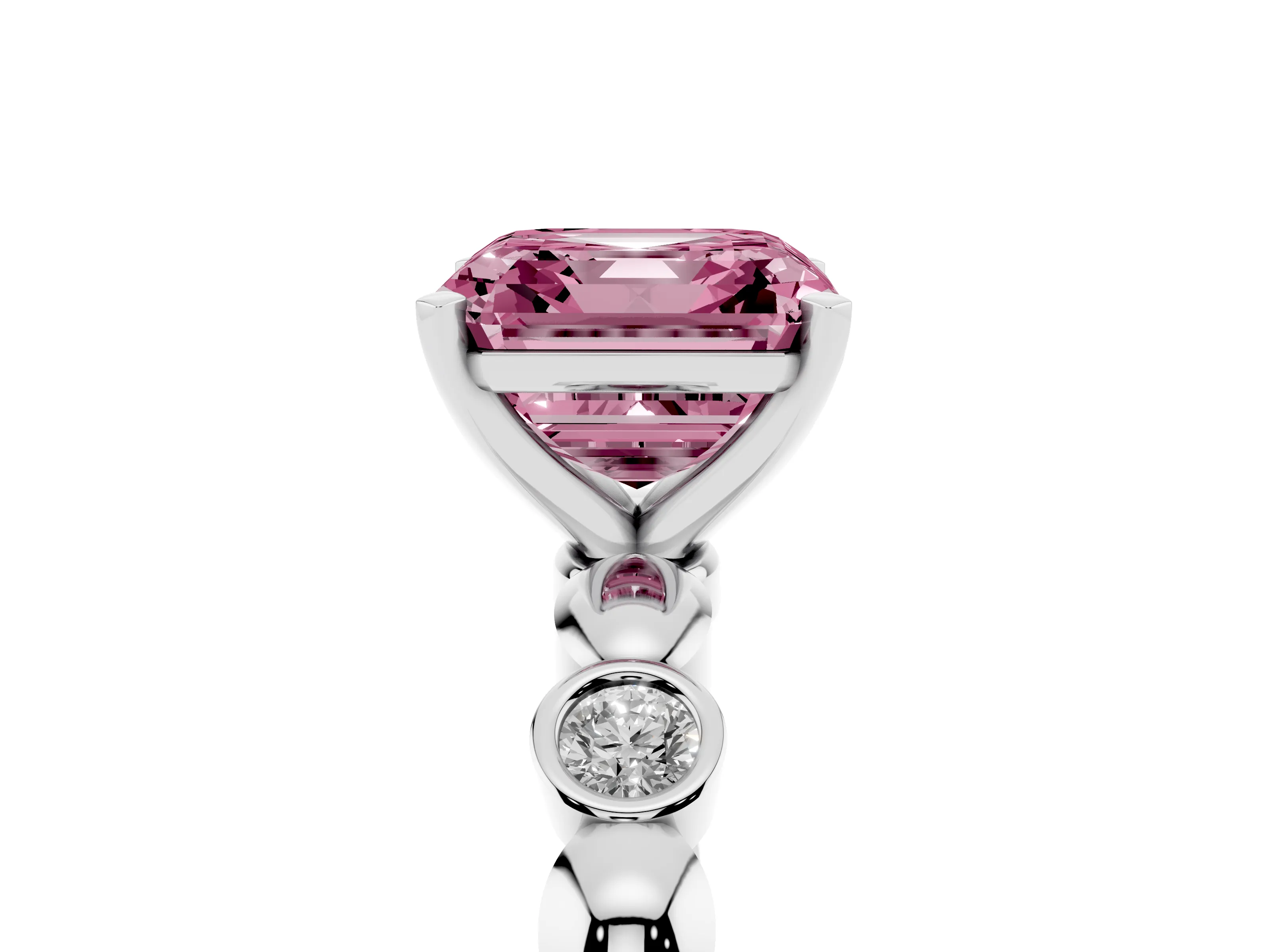 Fancy Pink Asscher Cut Diamond Solitaire Ring Set in White gold with Bezel-Set Accents on Beaded Band and Prong Setting