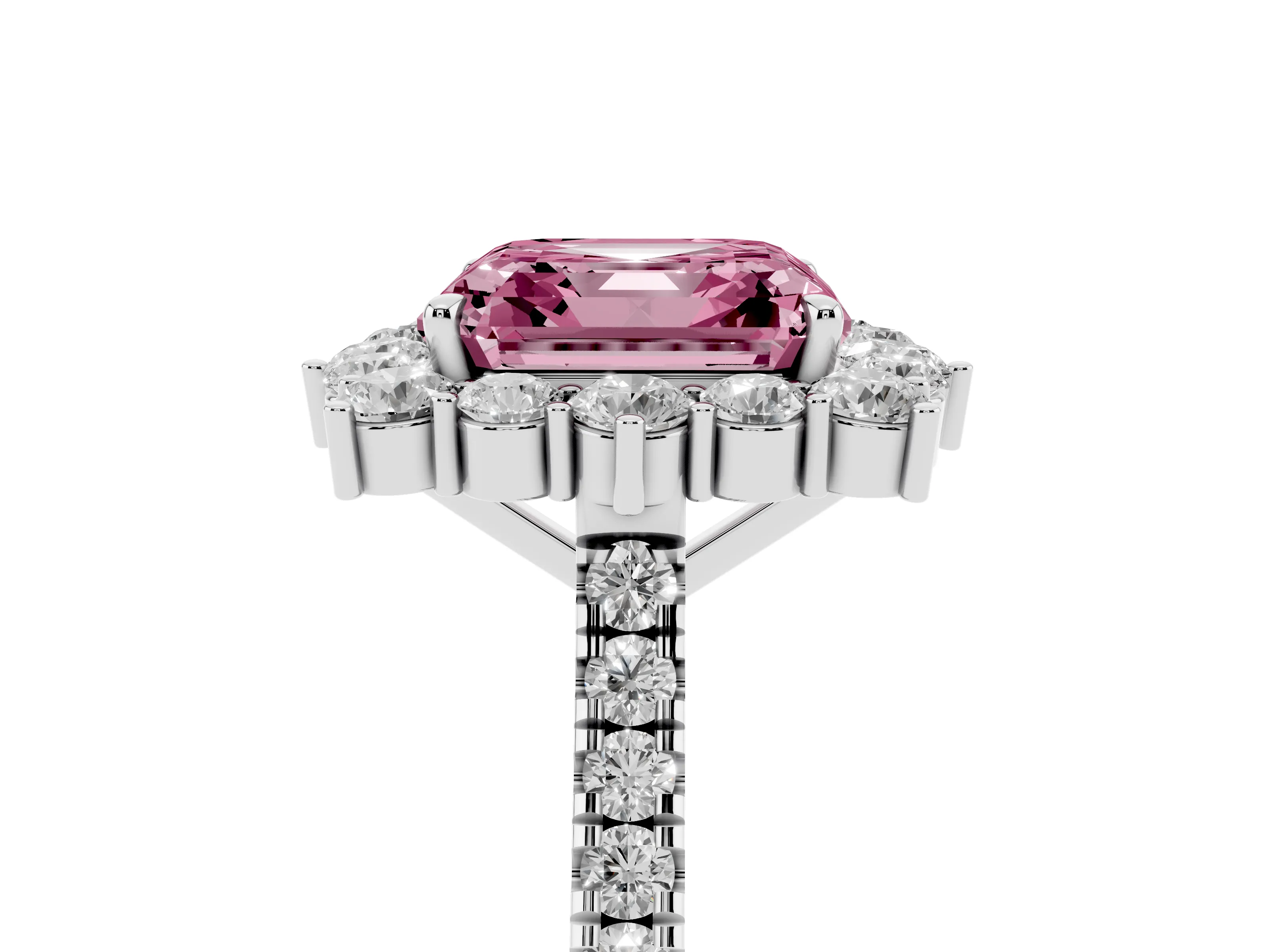 Fancy Pink Asscher Cut Diamond Halo Ring Set in Silver with Pavé Band and Prong Setting