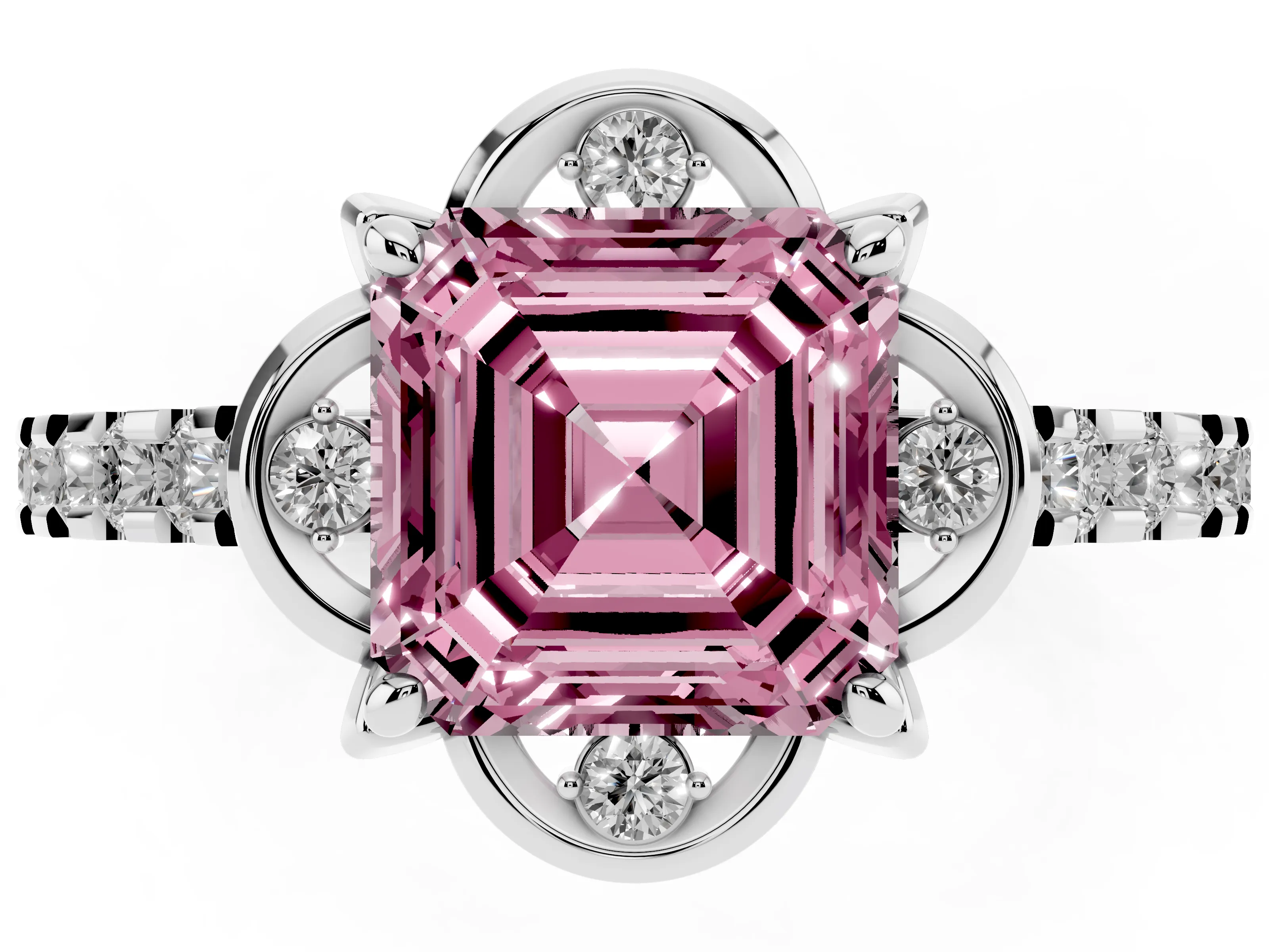 Fancy Pink Asscher Cut Diamond Solitaire Ring Set in Silver with Pavé Band and Floral Prong Setting
