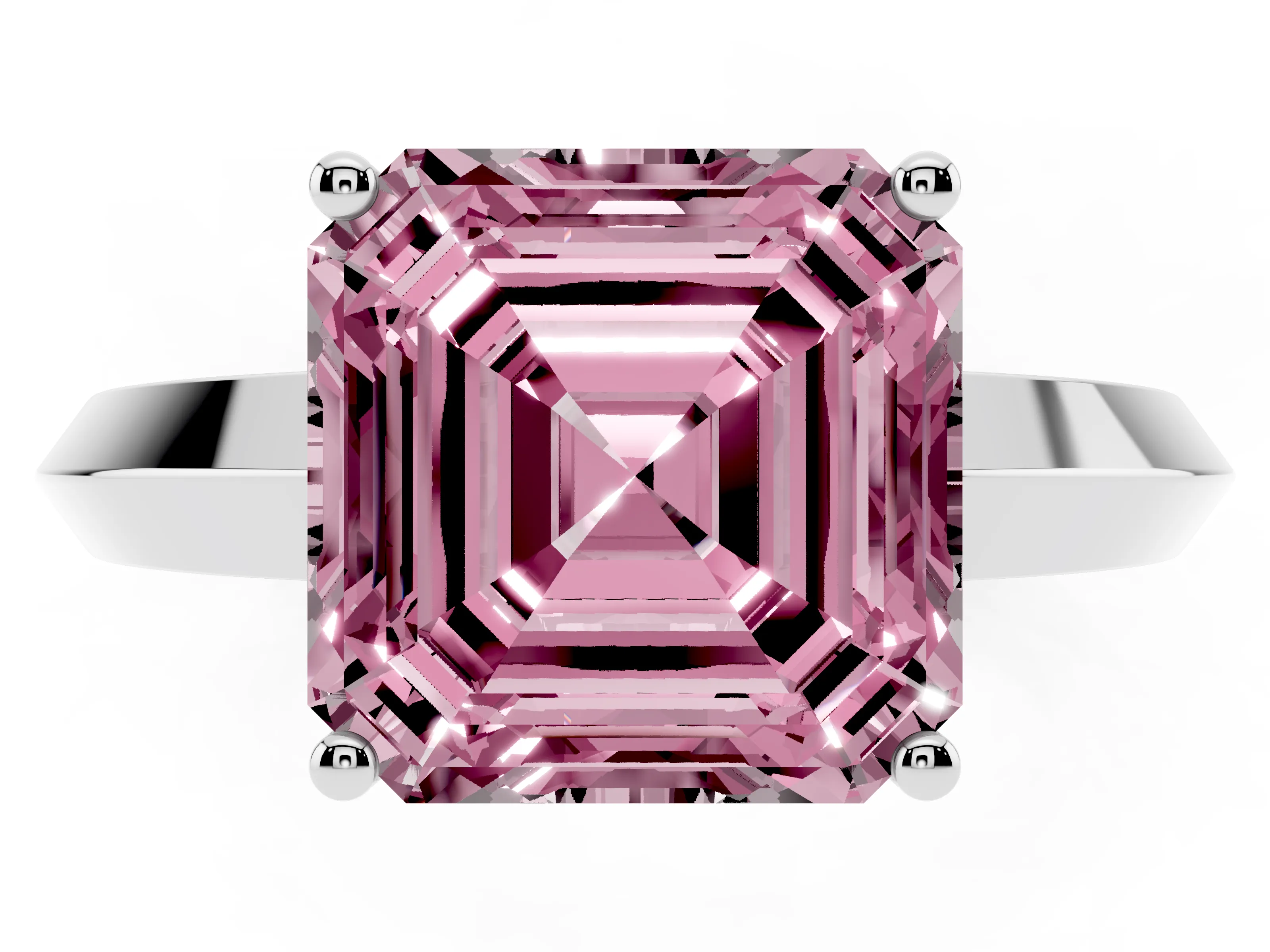Fancy Pink Asscher Cut Diamond Solitaire Engagement Ring Set in White gold with Flat Band and Prong Setting