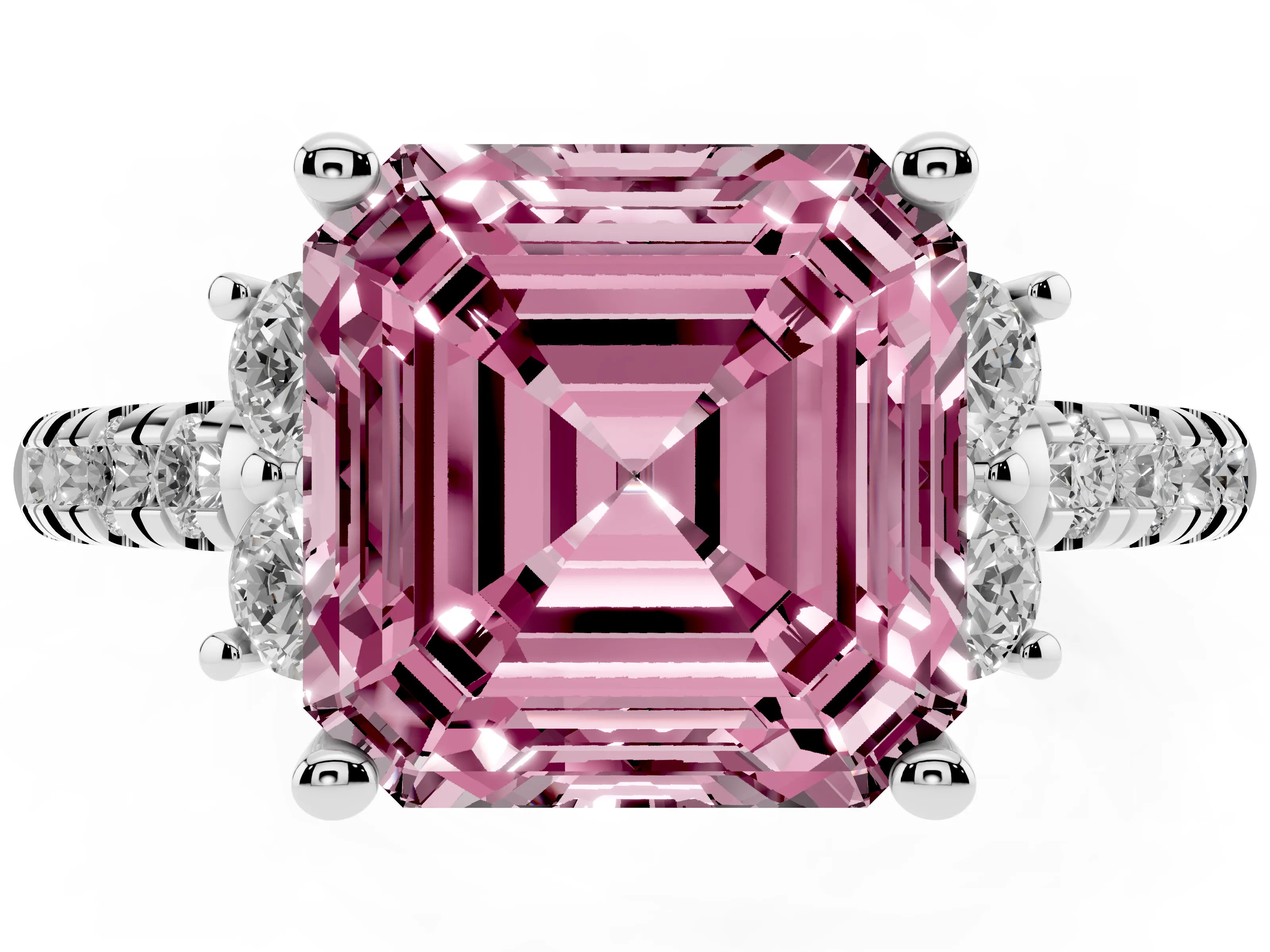Fancy Pink Asscher Cut Diamond Three-Stone Pavé Ring Set in White gold with Prong Setting