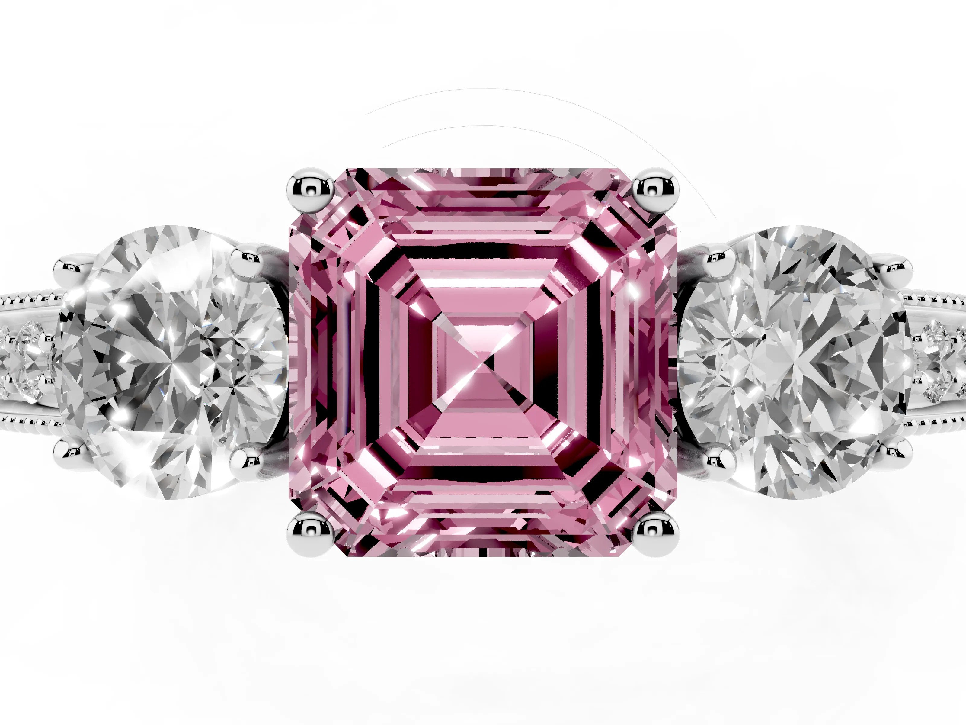 Fancy Pink Asscher Cut Diamond Three-Stone Ring Set in Platinum with Round Side Stones and Pavé Band