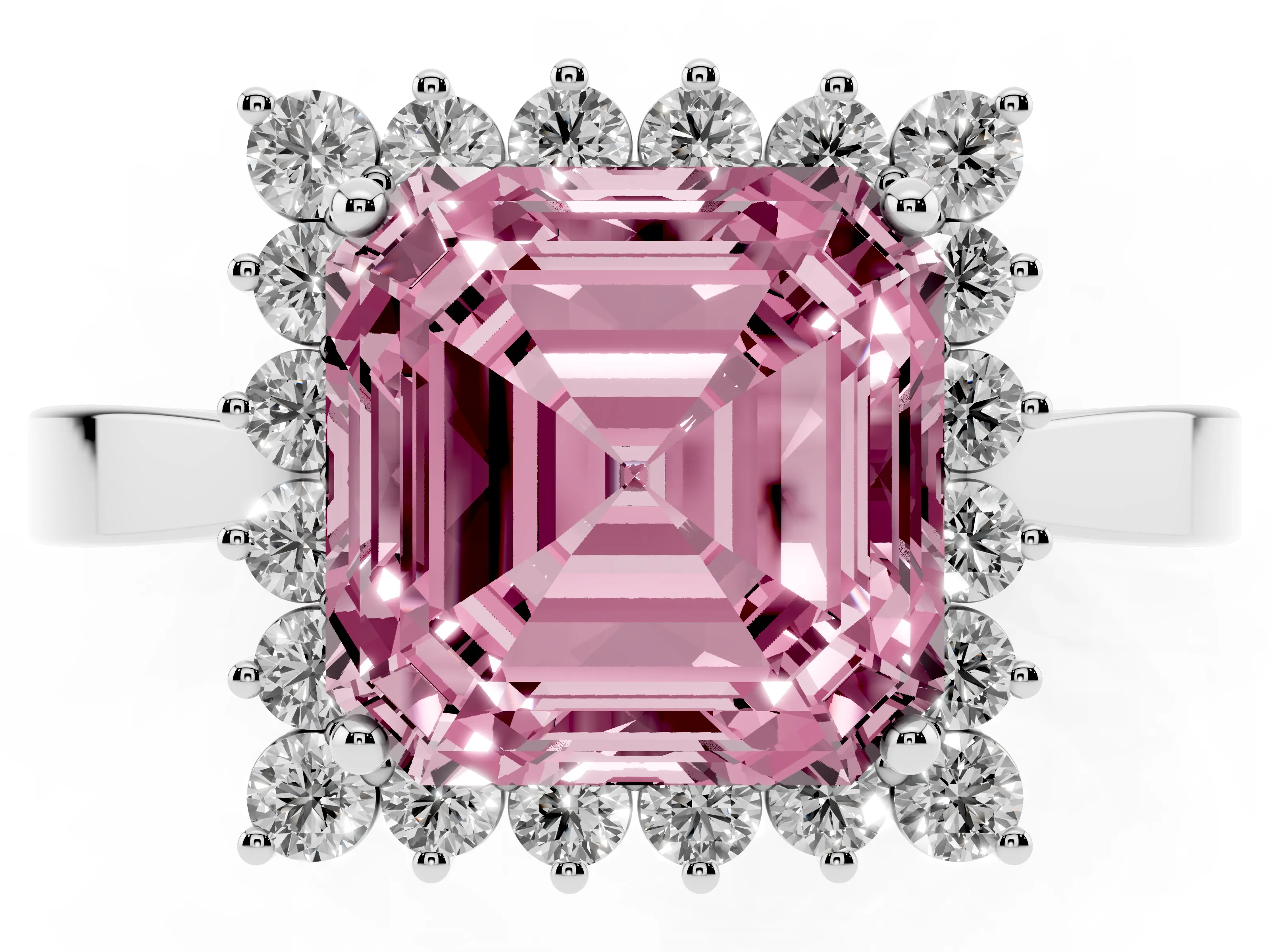 Fancy Pink Asscher Cut Diamond Halo Ring Set in White gold with Round Halo and Smooth Solitaire Band
