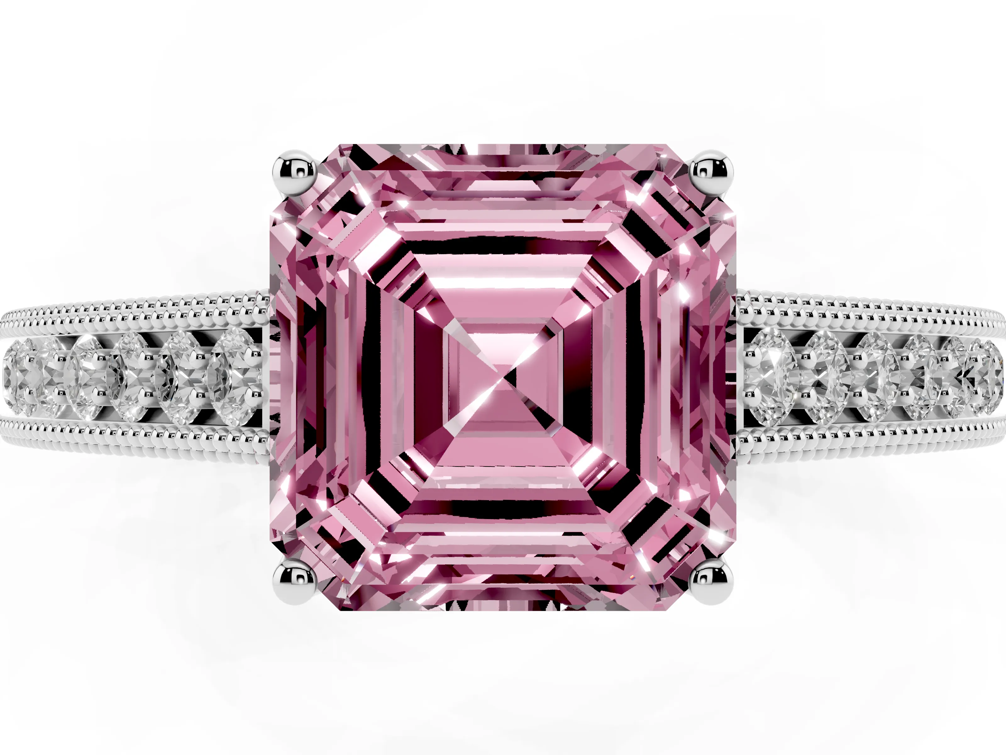 Fancy Pink Asscher Cut Diamond Milgrain Pavé Band Solitaire Ring Set in White gold with Prong Setting