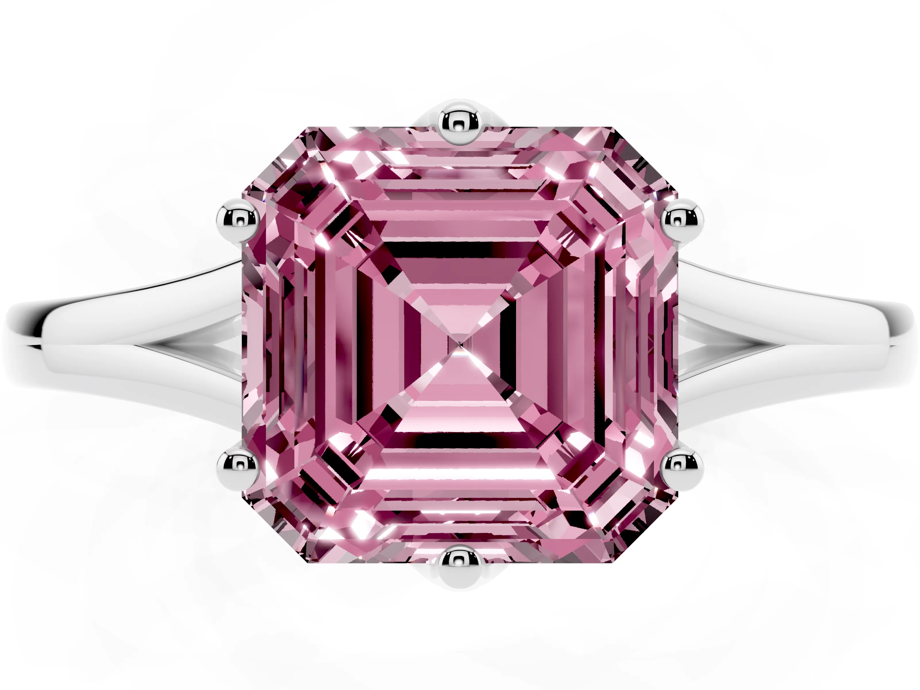 Fancy Pink Asscher Cut Diamond Solitaire Ring Set in White gold with Polished Tapered Band and Prong Setting