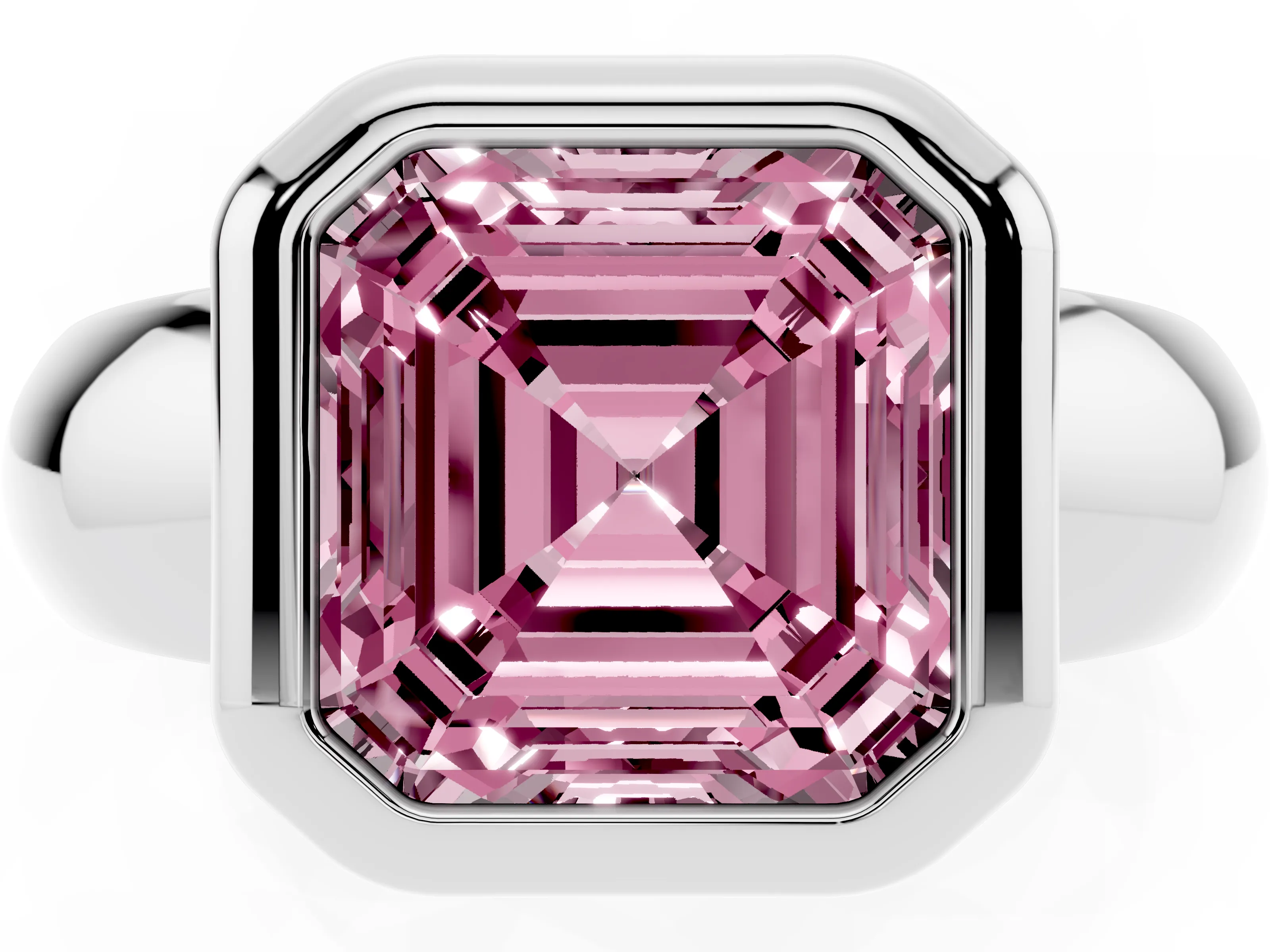 Fancy Pink Bezel Set Asscher Cut Diamond Solitaire Ring Set in Platinum with Wide Band