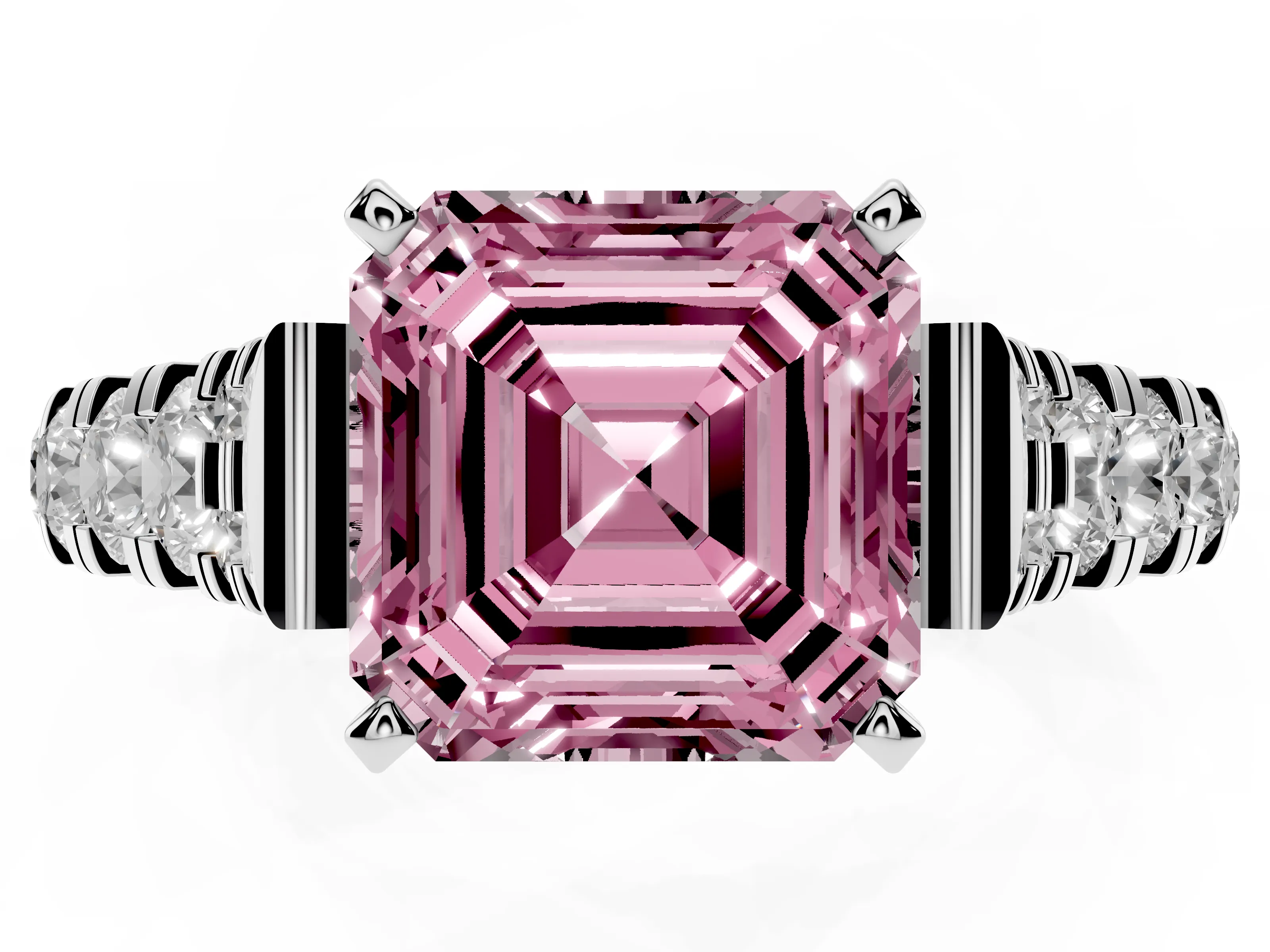 Fancy Pink Asscher Cut Diamond Classic Solitaire Ring Set in Platinum with Pavé Band and Prong Setting