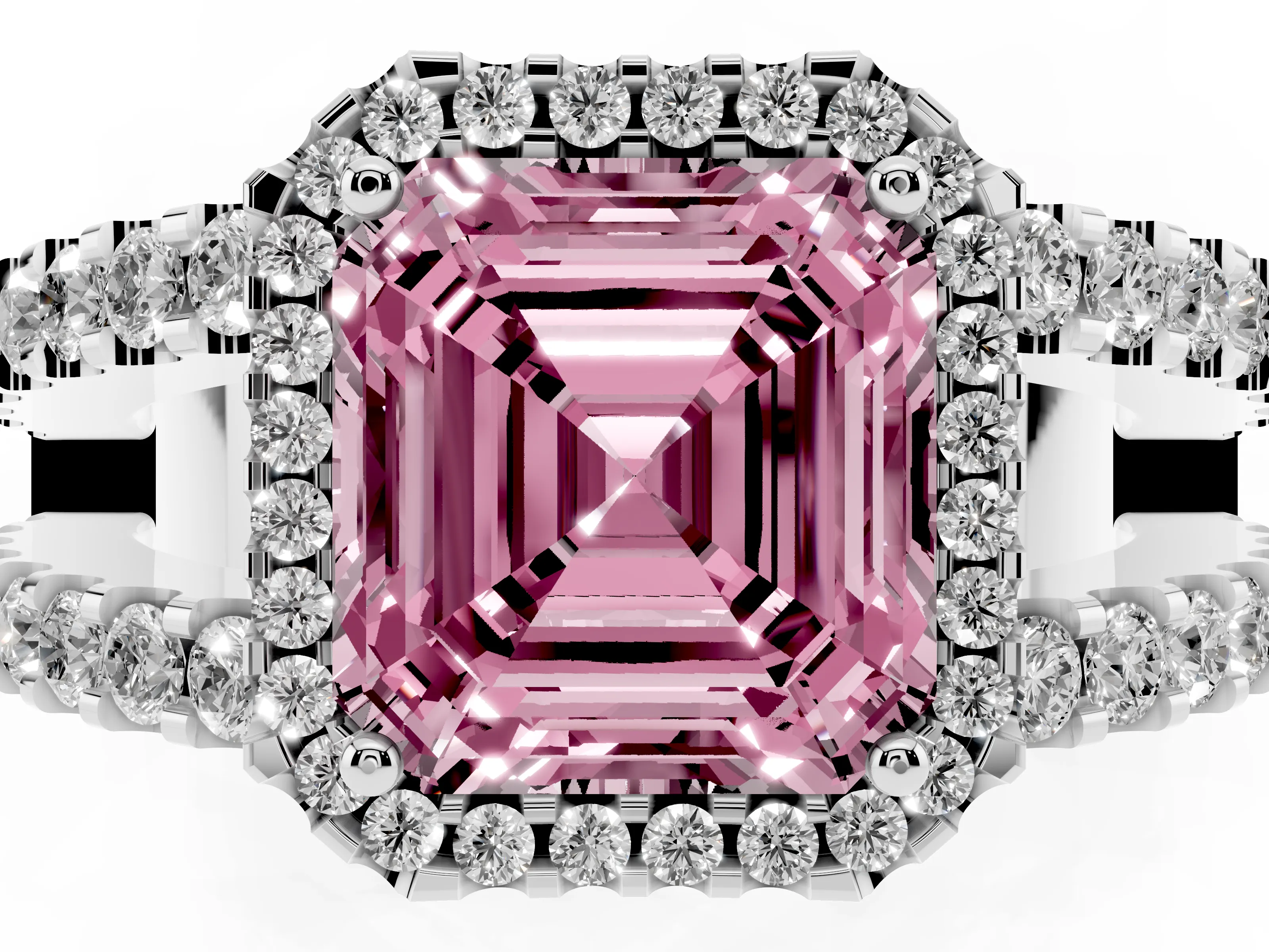 Fancy Pink Asscher Cut Diamond Halo Ring Set in Silver with Pavé Split Shank and Prong Setting