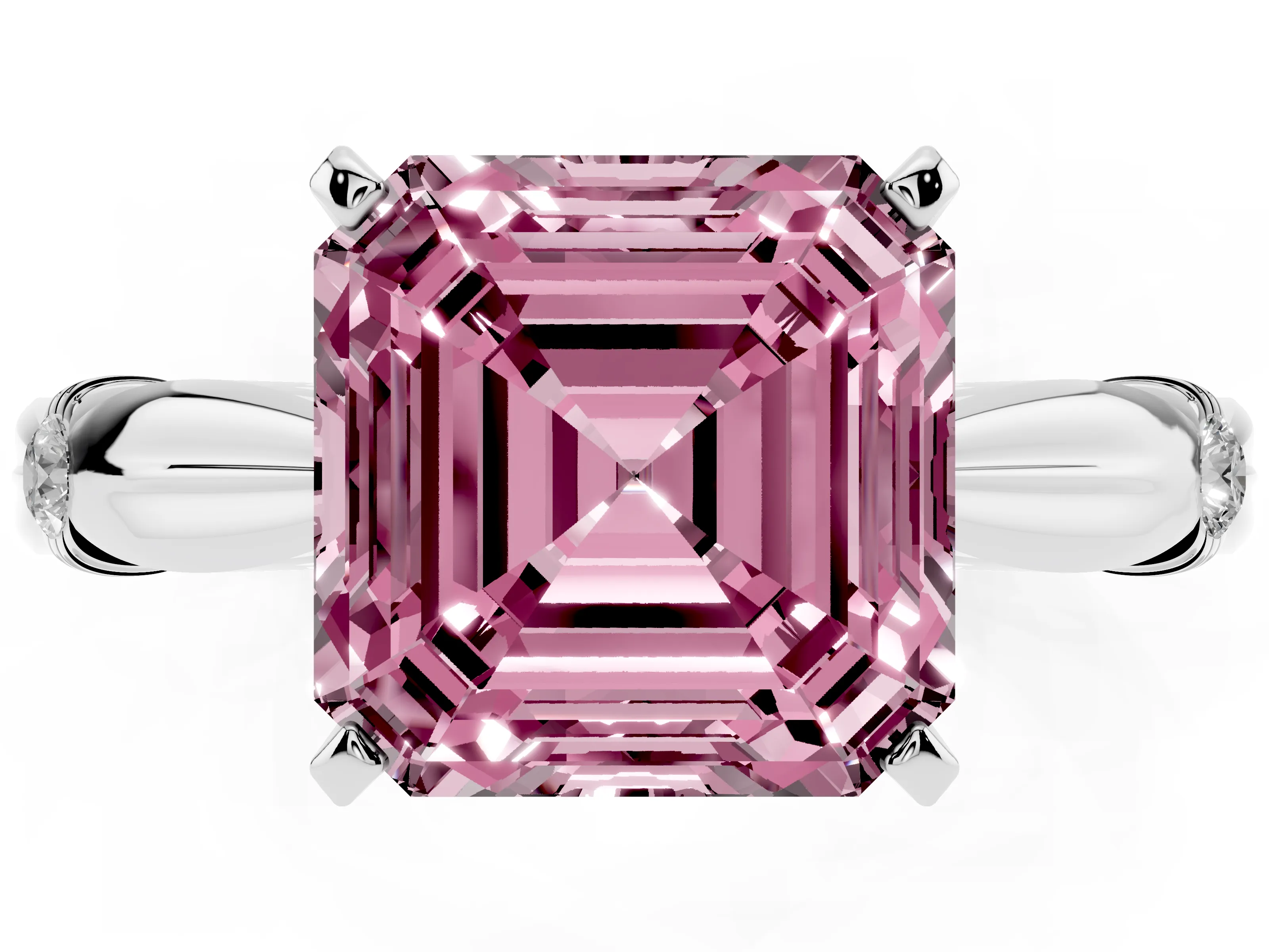 Fancy Pink Asscher Cut Diamond Solitaire Twisted Band Ring Set in Silver with Accent Stones and Prong Setting