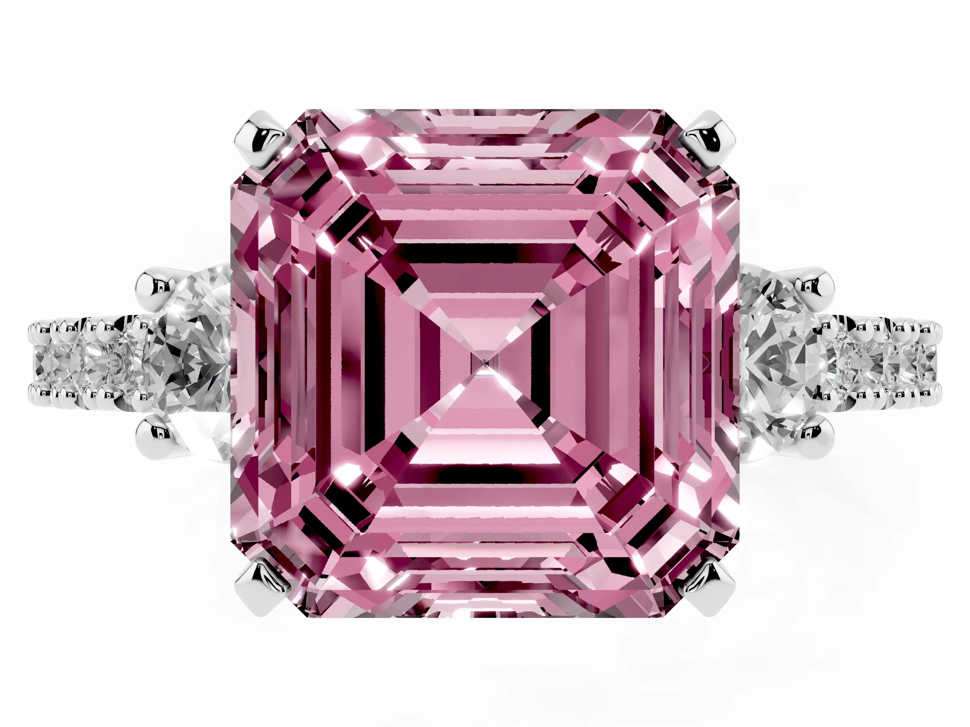 Fancy Pink Three-Stone Asscher Cut Diamond Pavé Band Ring Set in Platinum with Prong Setting