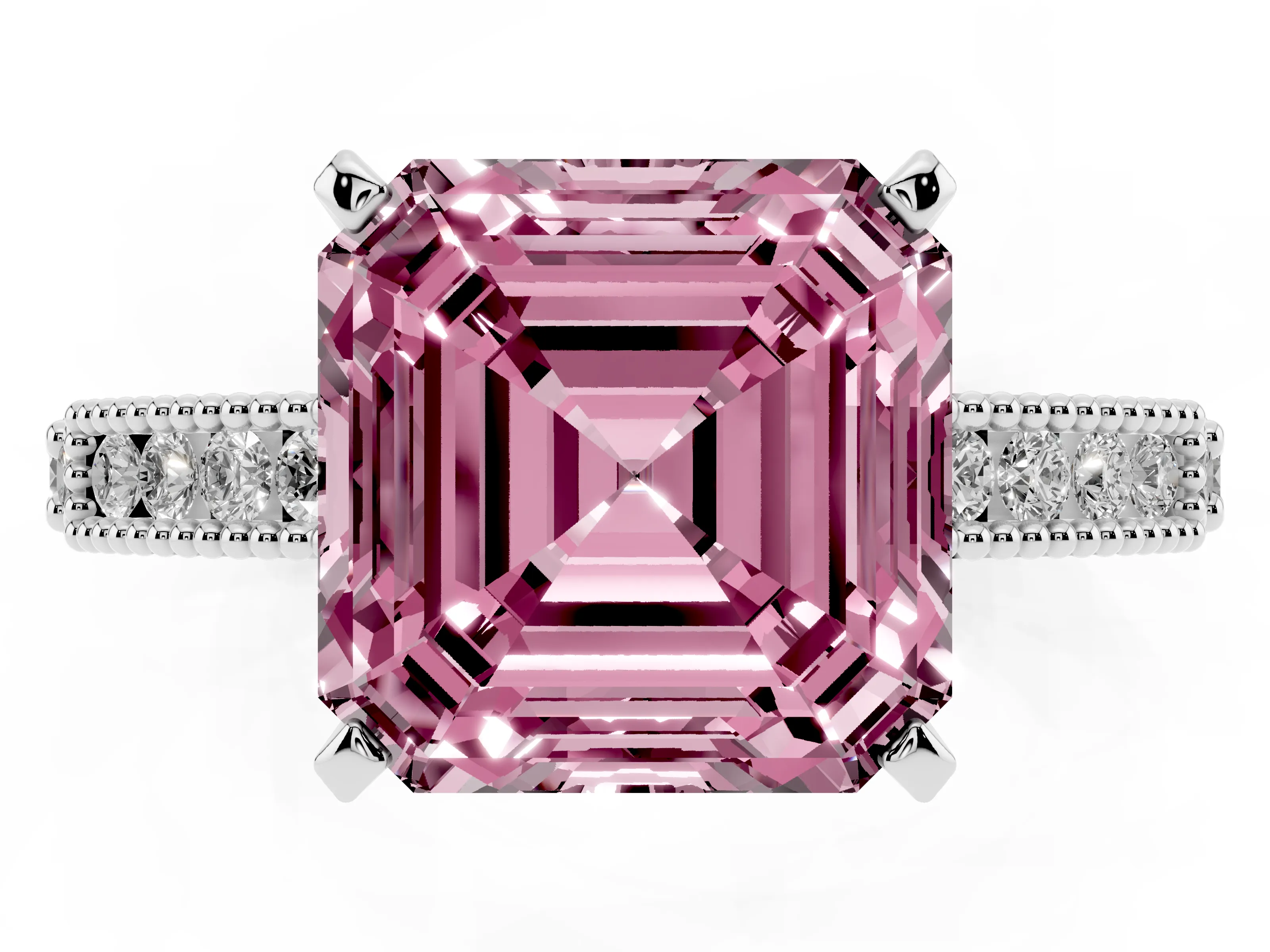 Fancy Pink Asscher Cut Diamond Solitaire Ring Set in Silver with Slim Pavé Band and Prong Setting