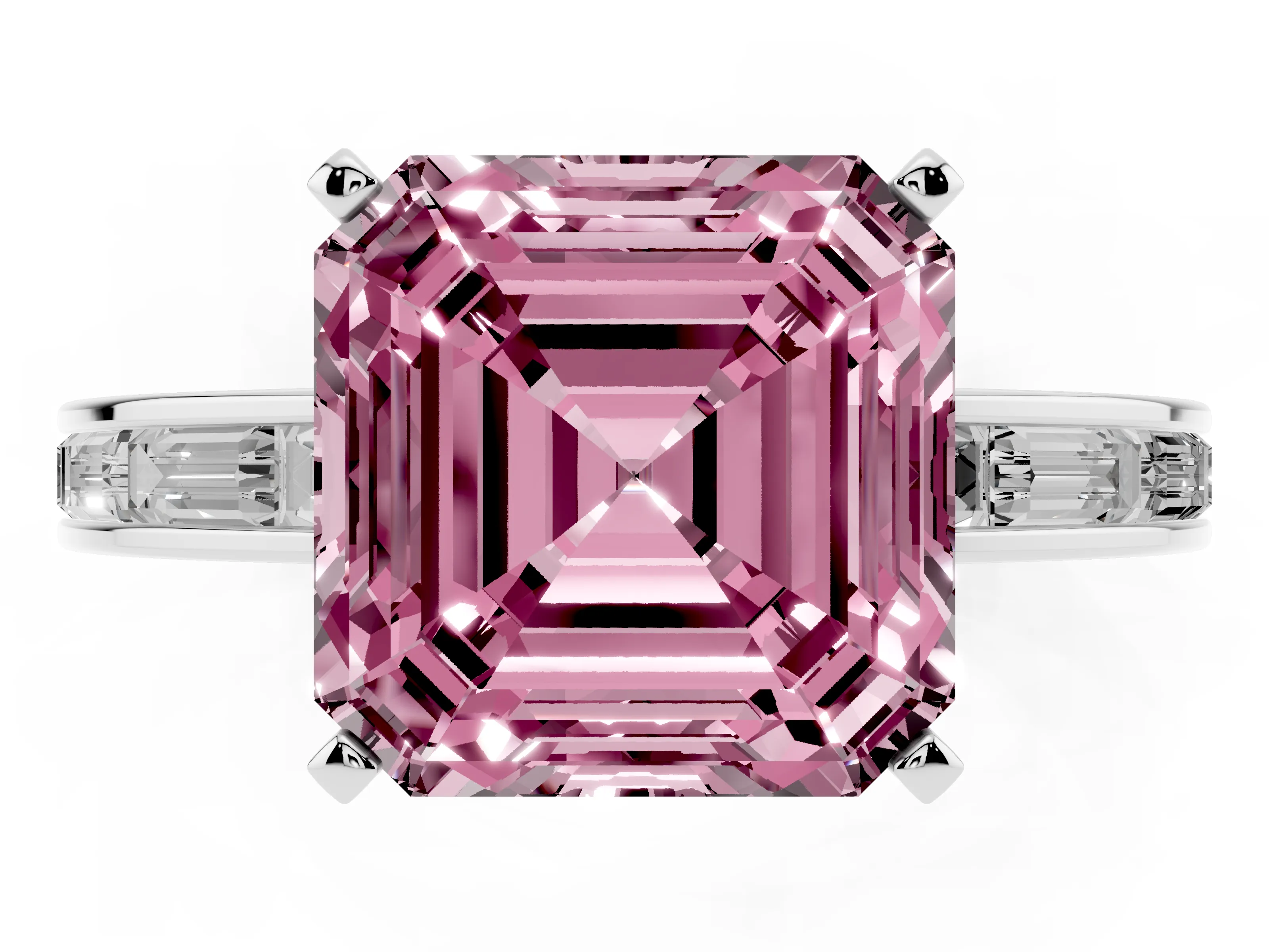 Fancy Pink Asscher Cut Diamond Solitaire Ring Set in Silver with Channel-Set Baguette Band and Prong Setting