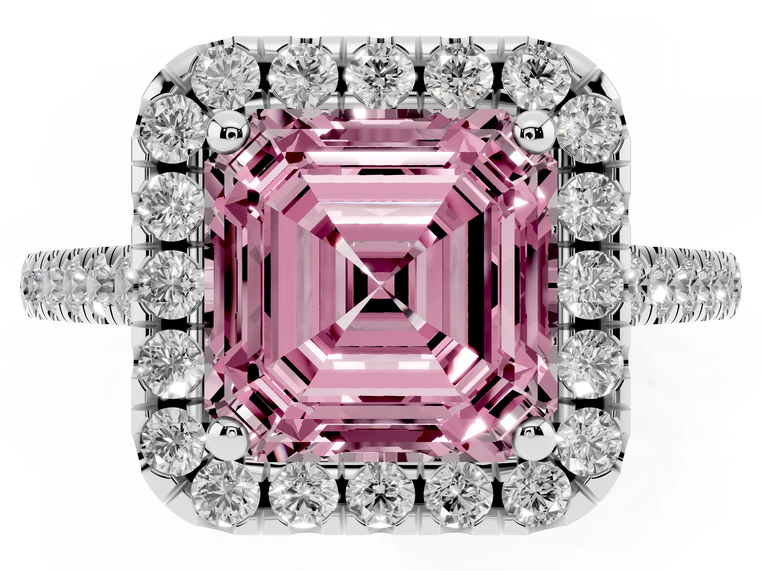 Fancy Pink Asscher Cut Diamond Pavé Halo Engagement Ring Set in White gold with Pavé Band and Prong Setting