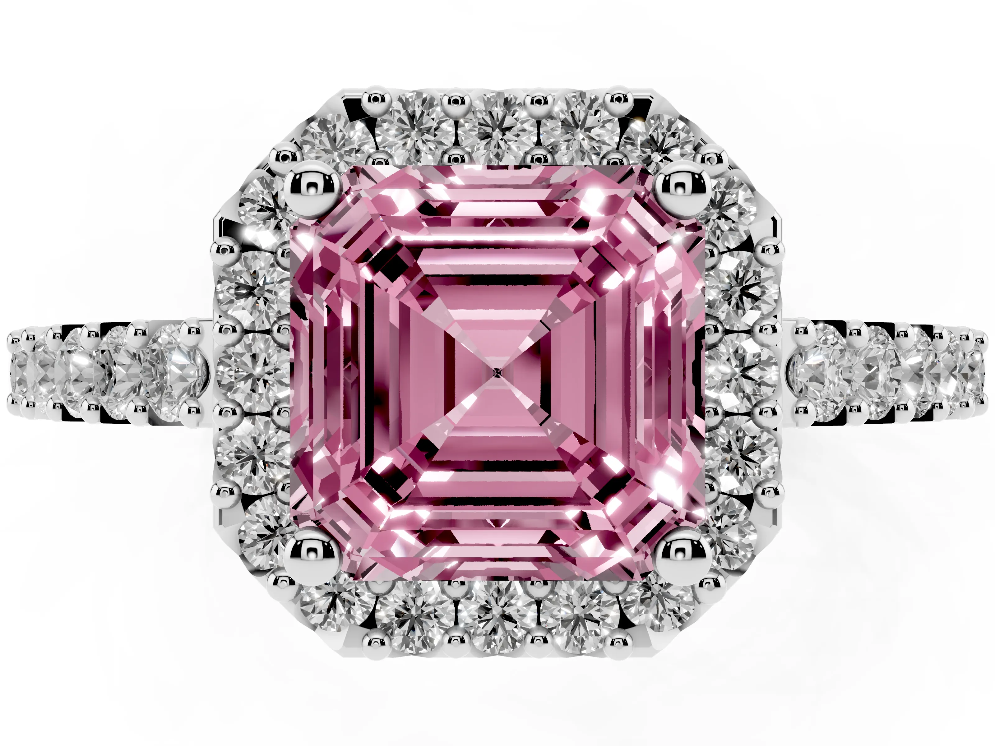Fancy Pink Asscher Cut Diamond Halo Pavé Solitaire Ring Set in Platinum with Prong-Set Center Stone
