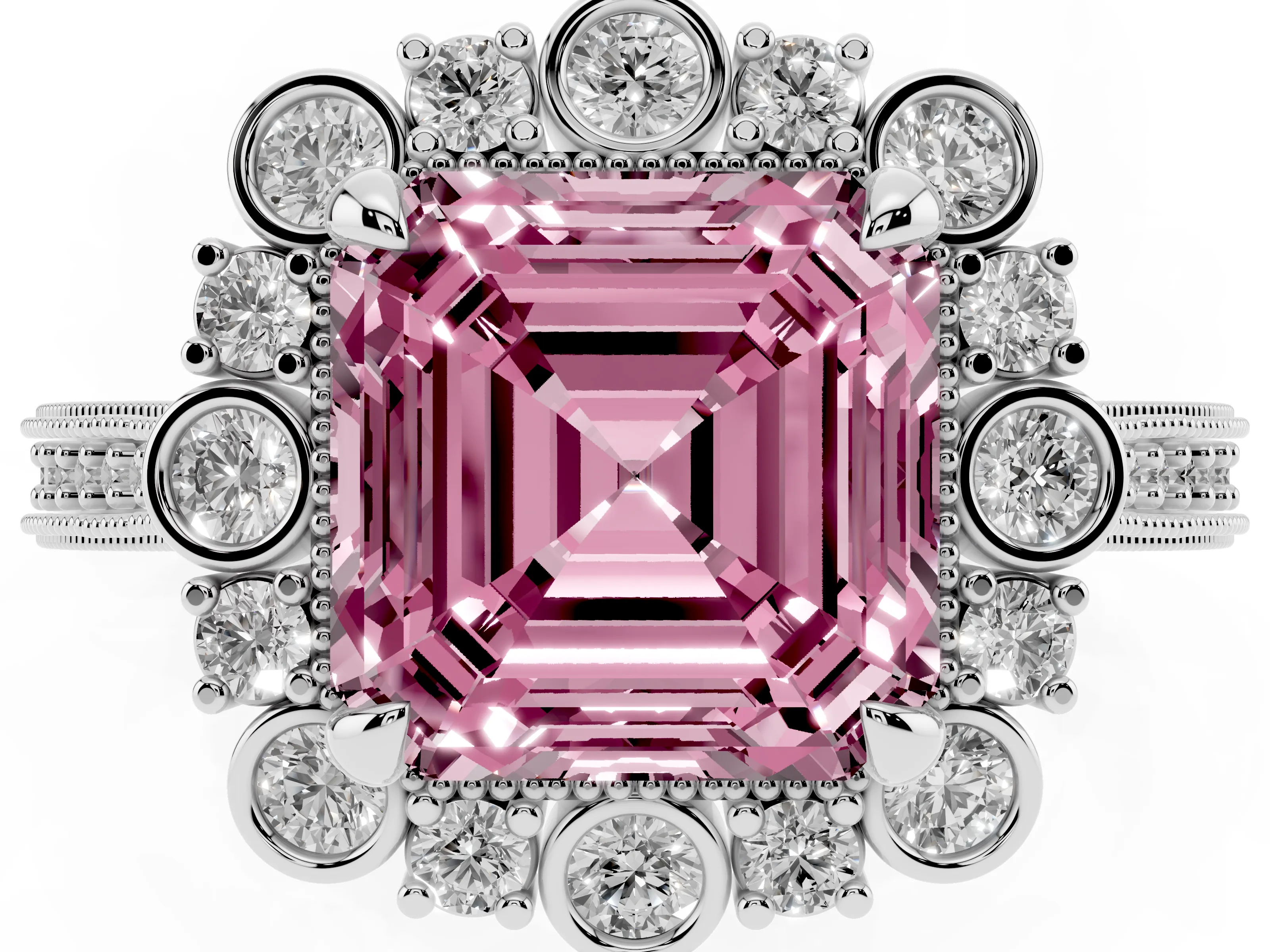 Fancy Pink Asscher Cut Diamond Halo Milgrain Pavé Ring Set in Platinum with Prong Setting