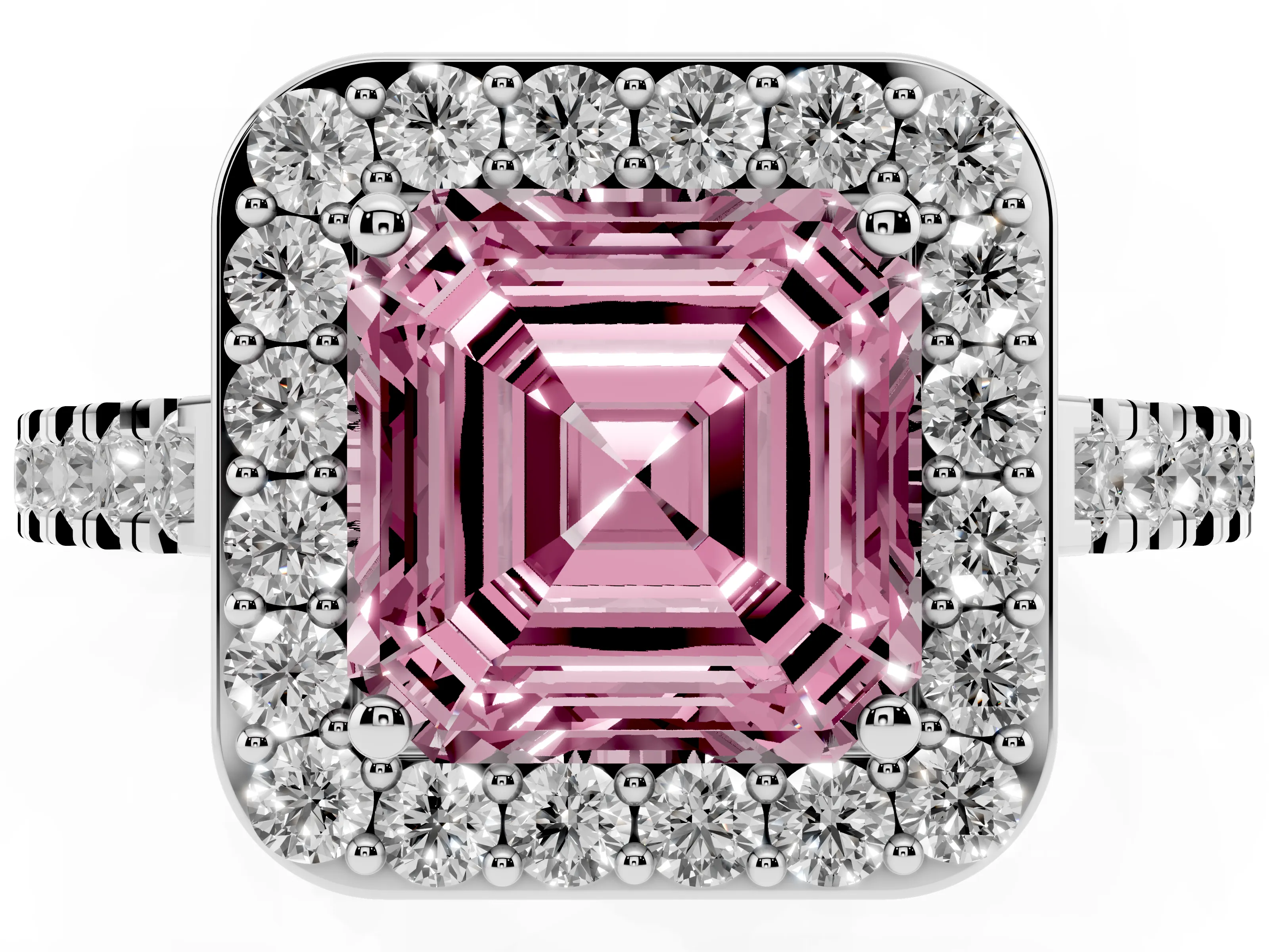 Fancy Pink Asscher Cut Diamond Halo Ring Set in Platinum with Round Pavé Split Shank and Prong Setting