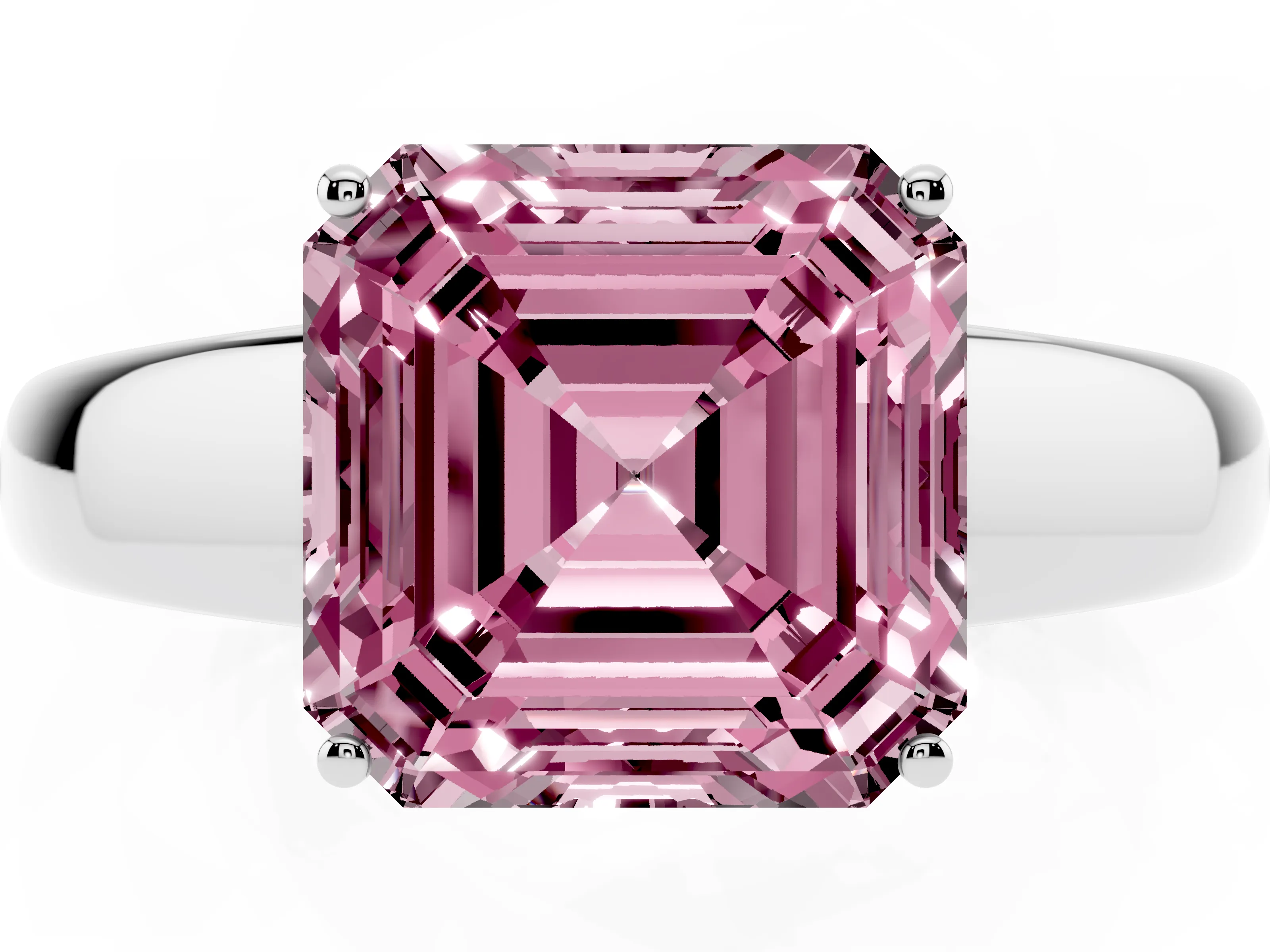 Fancy Pink Asscher Cut Diamond Solitaire Ring Set in White gold with Tapered Band and Prong Setting