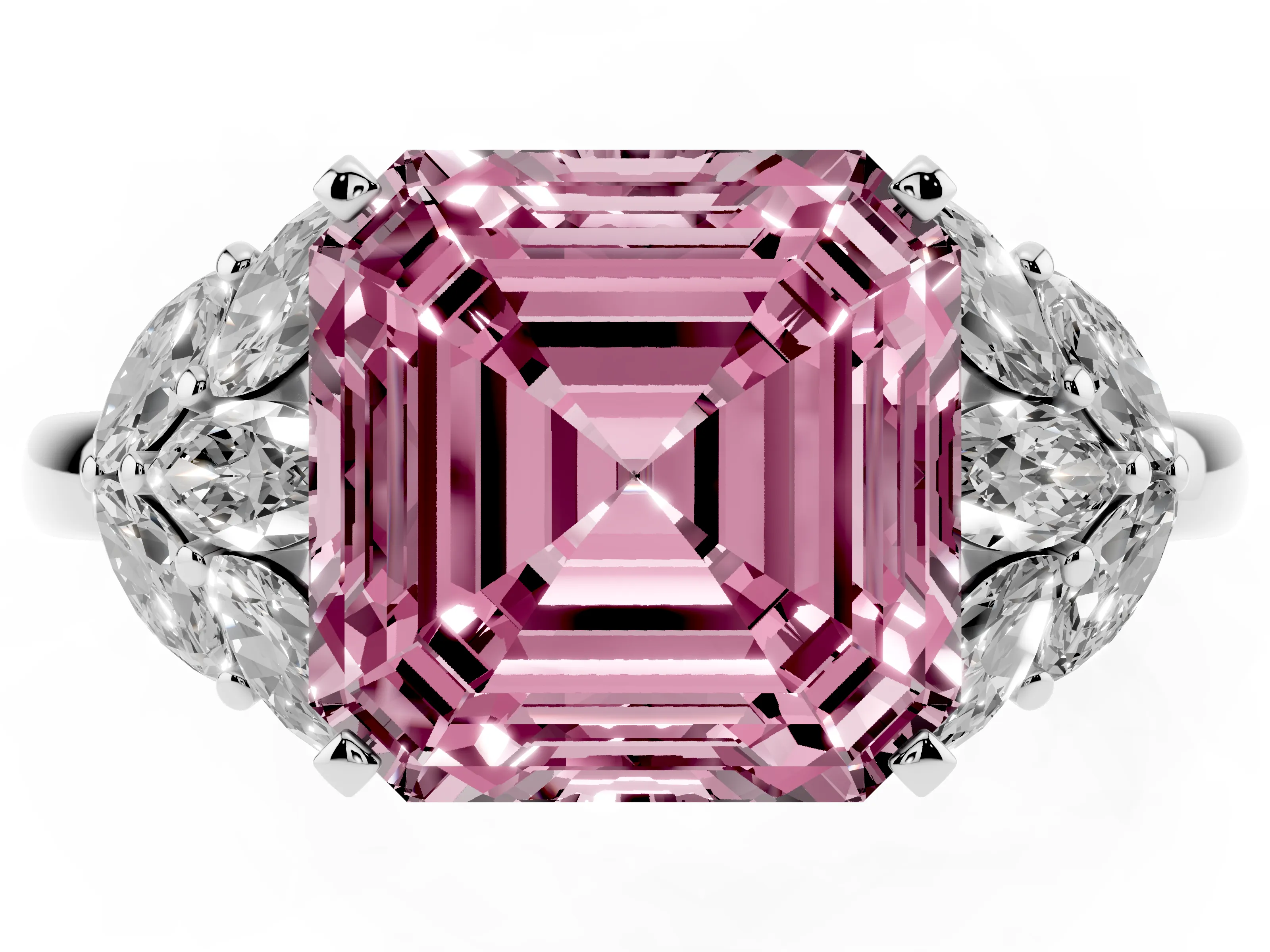 Fancy Pink Asscher Cut Diamond Cluster Leaf Design Ring Set in White gold with Prong Setting