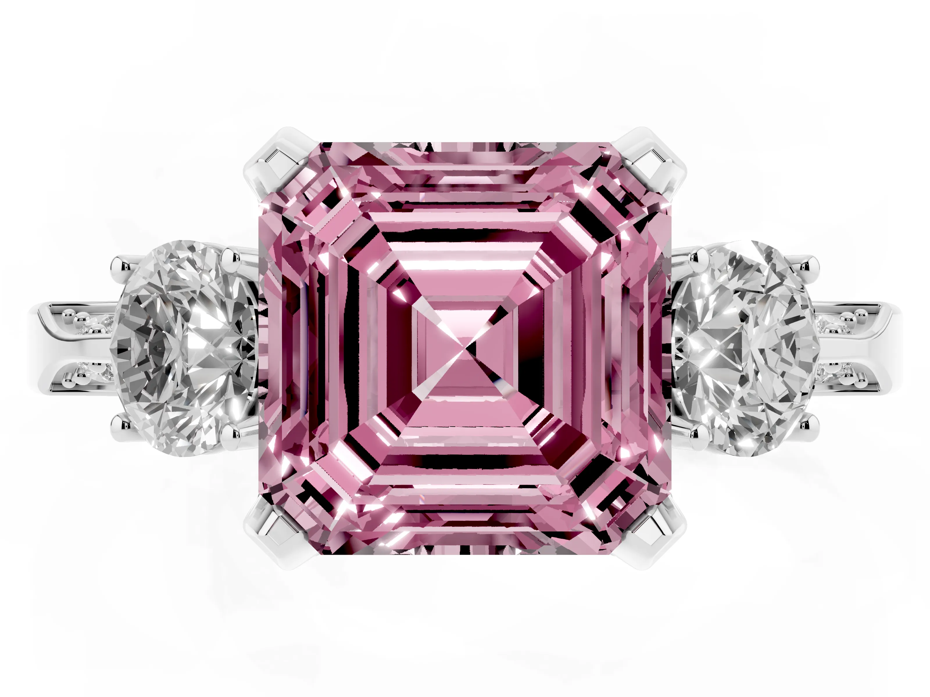 Fancy Pink Asscher Cut Diamond Three-Stone Ring Set in White gold with Pavé Band and Smaller Side Stones