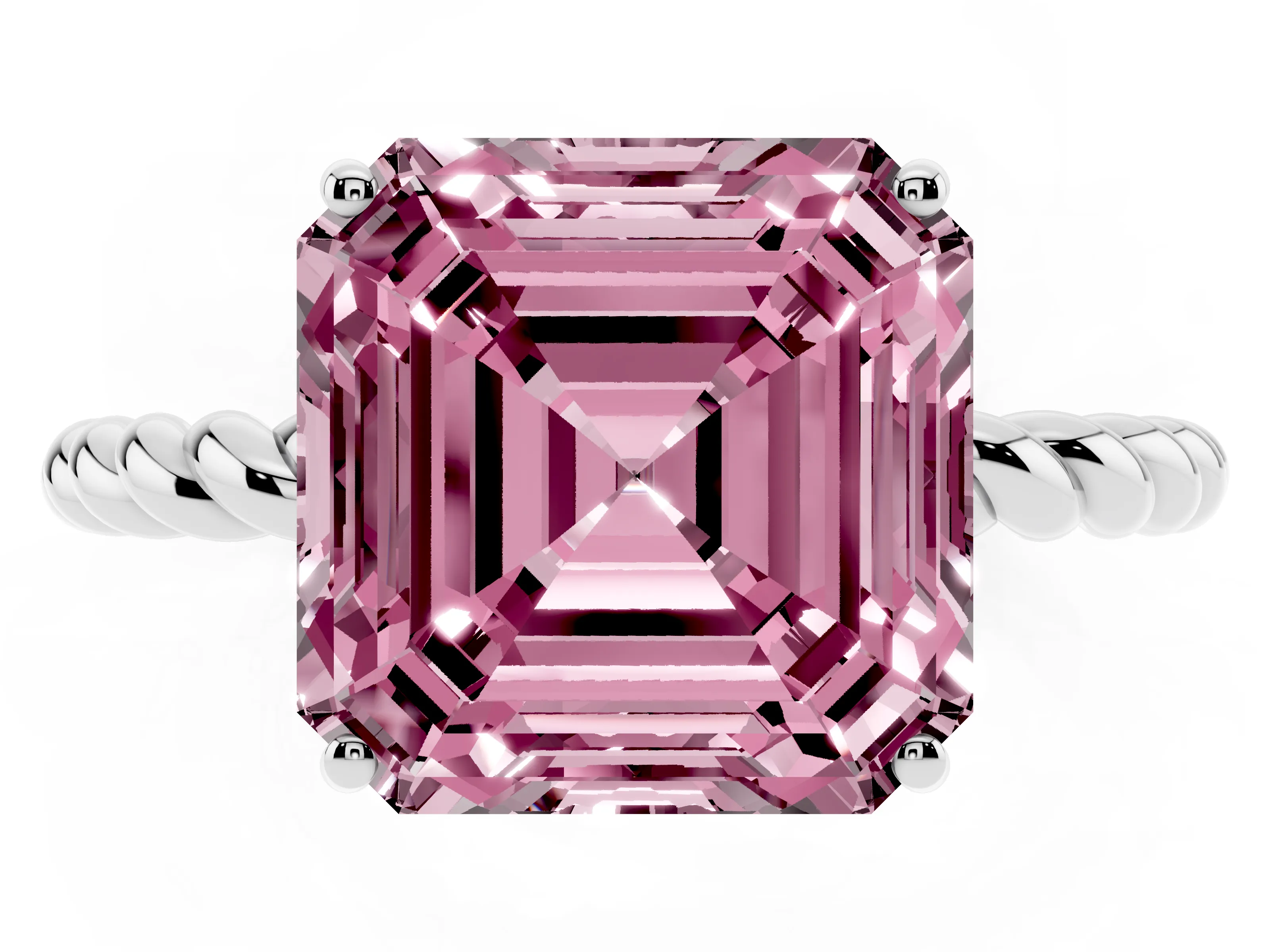 Fancy Pink Asscher Cut Diamond Solitaire Ring Set in White gold with Twist Band and Prong Setting