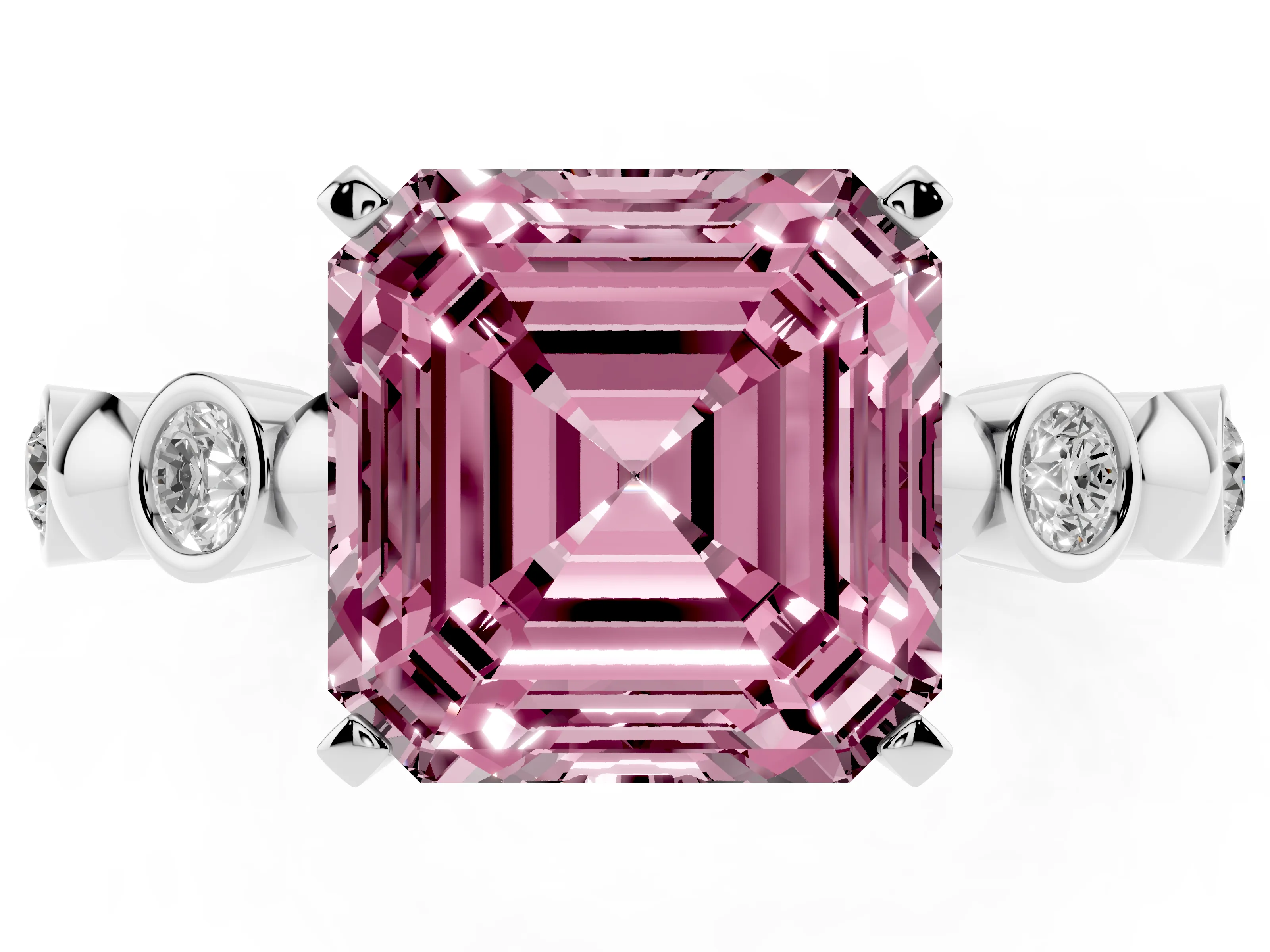 Fancy Pink Asscher Cut Diamond Solitaire Ring Set in White gold with Bezel-Set Accents on Beaded Band and Prong Setting