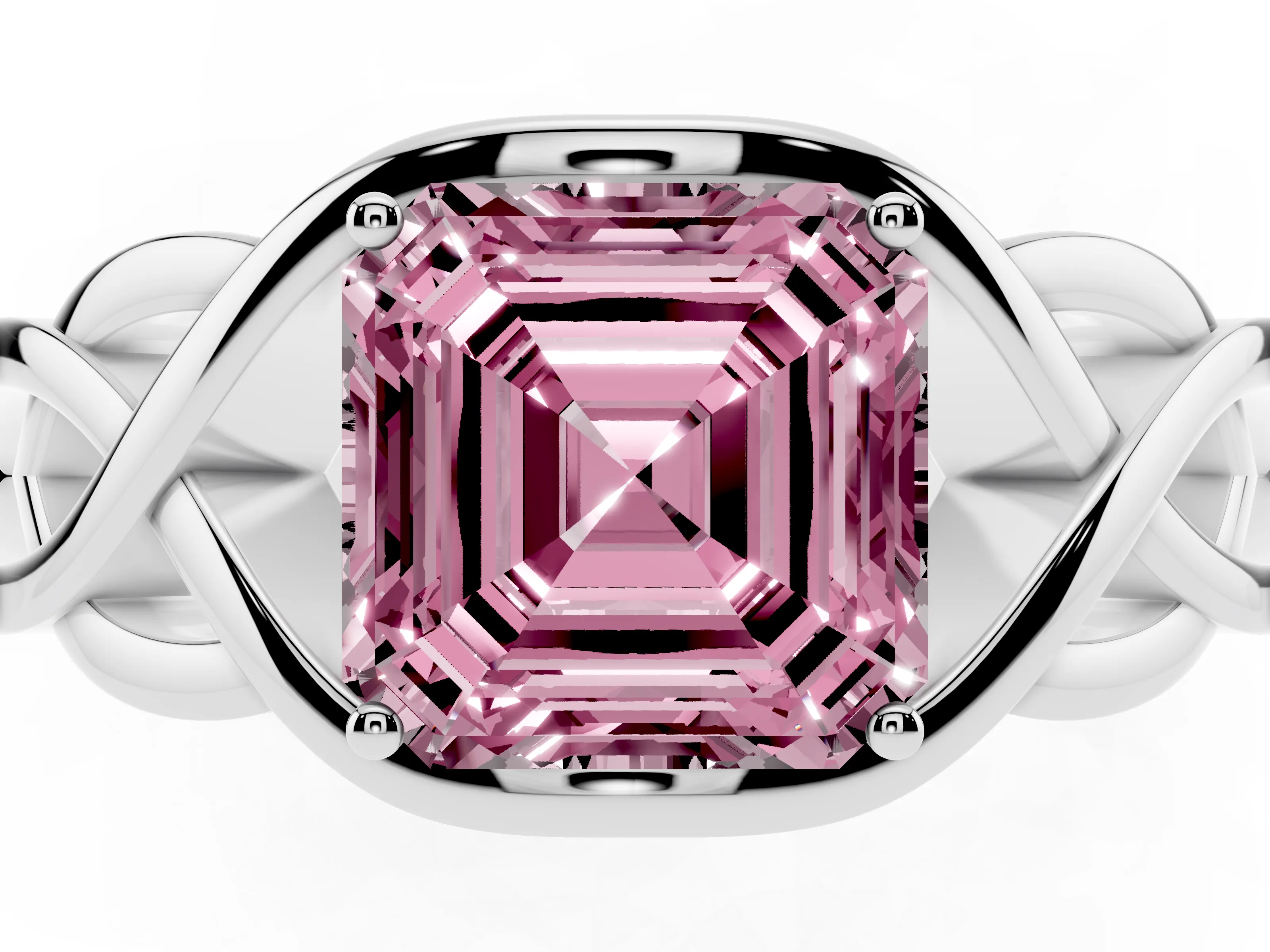 Fancy Pink Asscher Cut Diamond Solitaire Ring Set in Silver with Intertwined Band