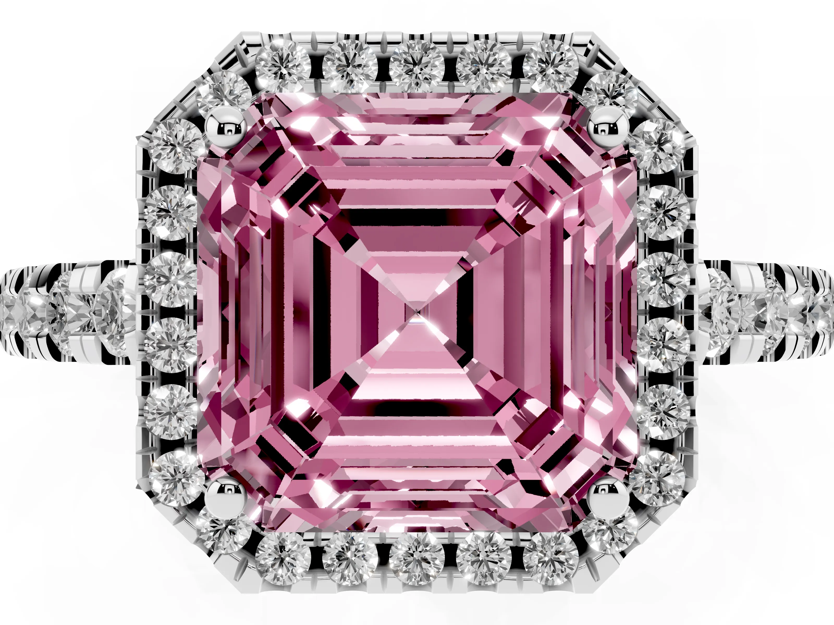 Fancy Pink Asscher Cut Diamond Halo Ring Set in White gold with Delicate Pavé Band and Prong Setting