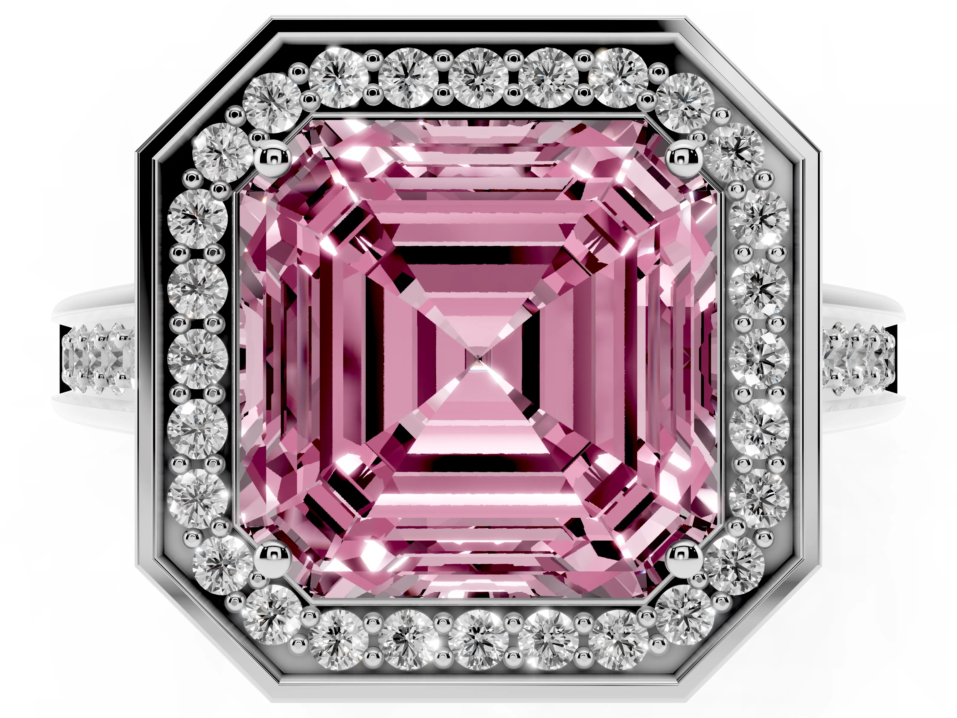 Fancy Pink Asscher Cut Diamond Halo Solitaire Ring Set in Platinum with Pavé Band and Bezel Setting